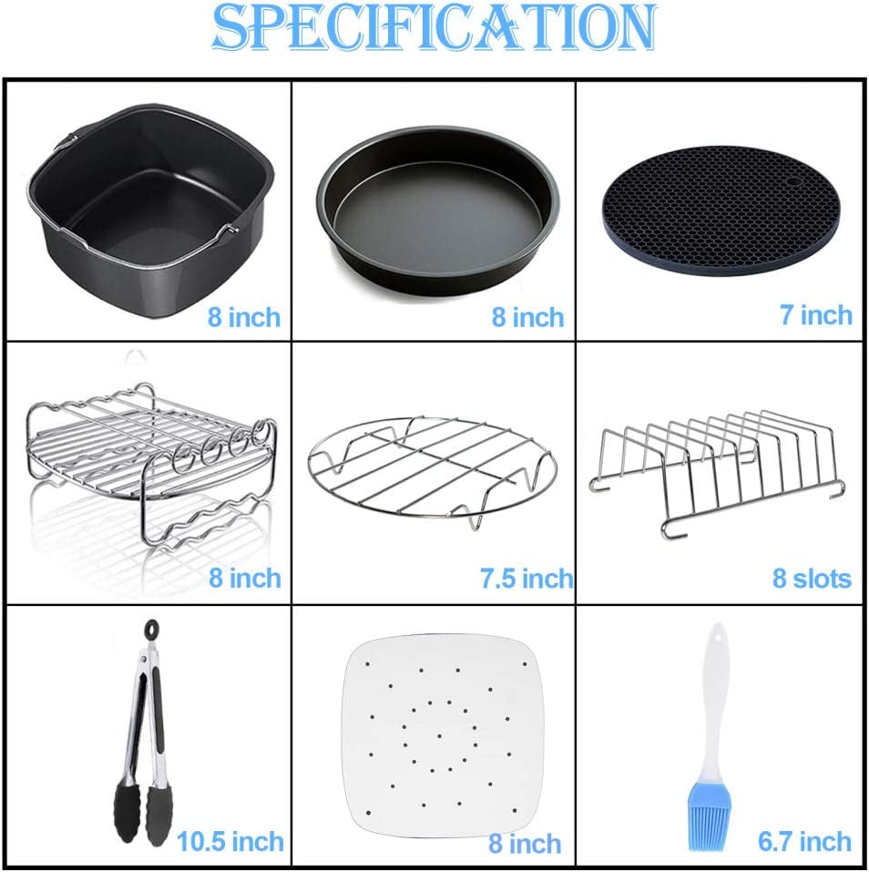 Square Air Fryer Accessories 11 Pcs with Recipe Cookbook Compatible for Philips Air Fryer, COSORI and Other Square Airfryers and Oven, Deluxe Deep Fryer Accessories Set of 12 (8 Inch)