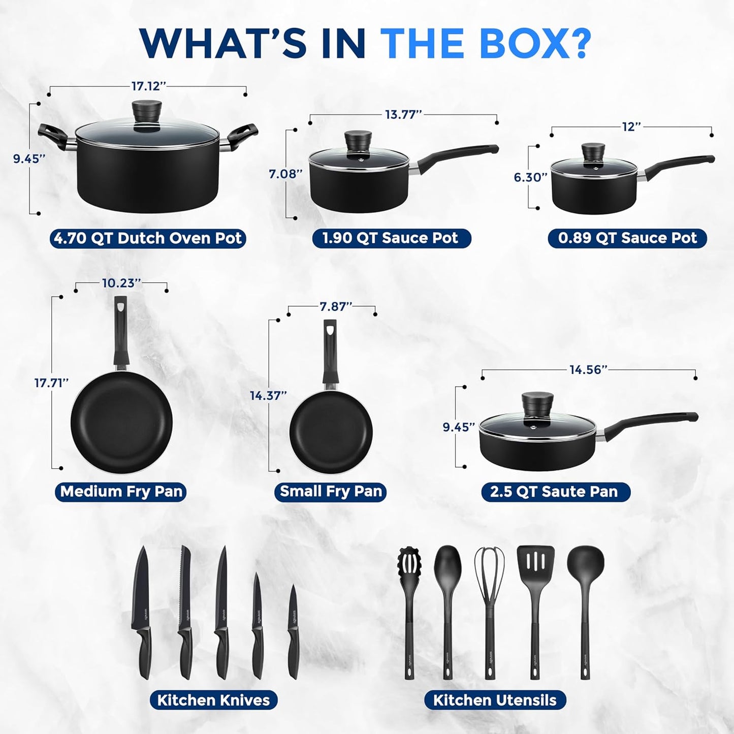 Kitchenware Pots & Pans Basic Kitchen Cookware, Black Non-Stick Coating Inside, Heat Resistant Lacquer (20-Piece Set), One Size