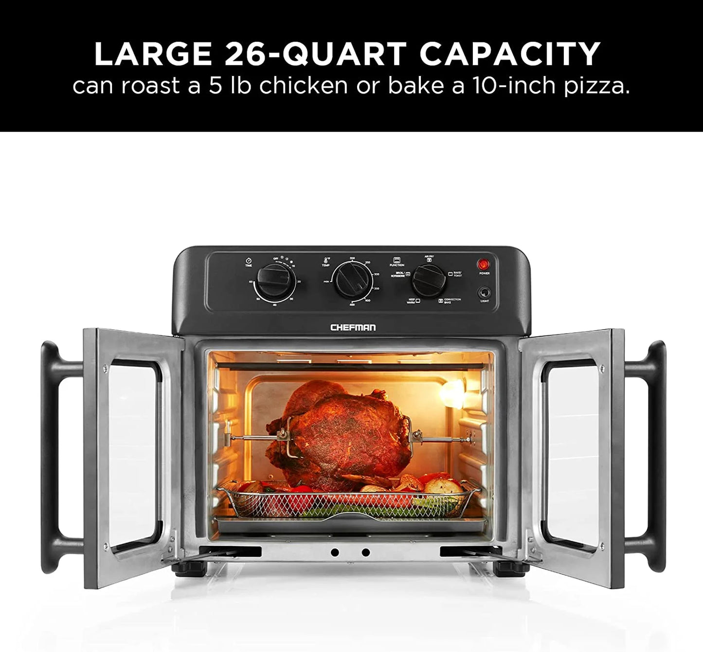 XL Air Fryer Oven W/ French Doors, 26 Qt Capacity, 5 Functions - Black, New