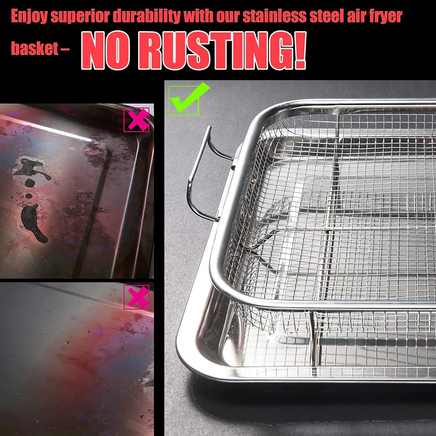 Air Fryer Basket for Oven, 12.8X9.6 Inch 18/8 Stainless Steel Crisper Tray and Basket, Air Fry Crisper Basket Tray & Grease Catcher, Dishwasher Safe