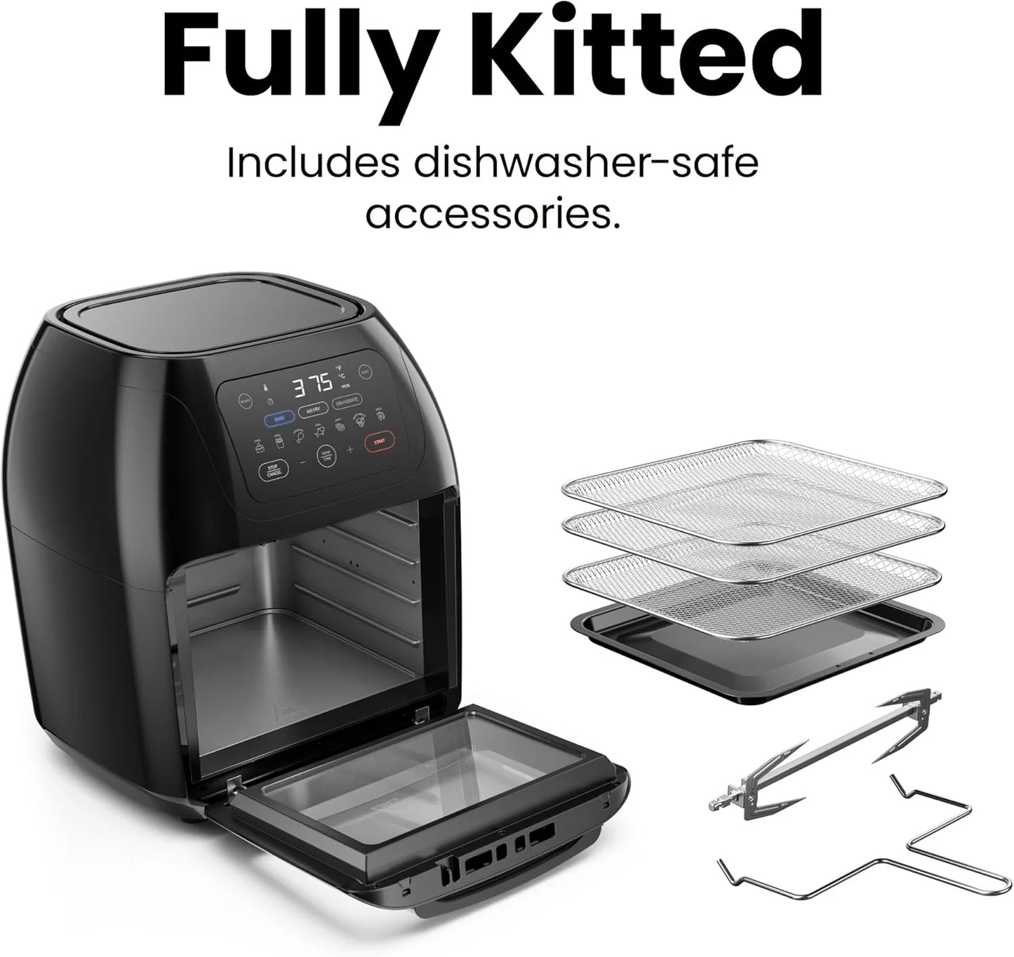Multifunctional Digital 10 Qt. Air Fryer+ Rotisserie, Fry, Roast & Bake, 17 Presets - Black, New
