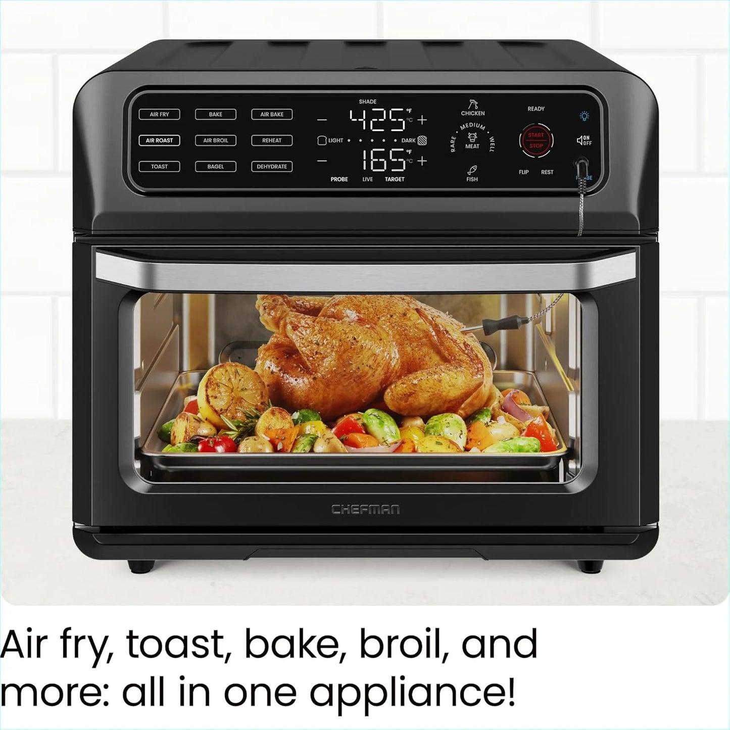 12-In-1 Air Fryer Oven Combo W/ Probe Thermometer, 20 Qt Capacity - Black Stainless Steel, New