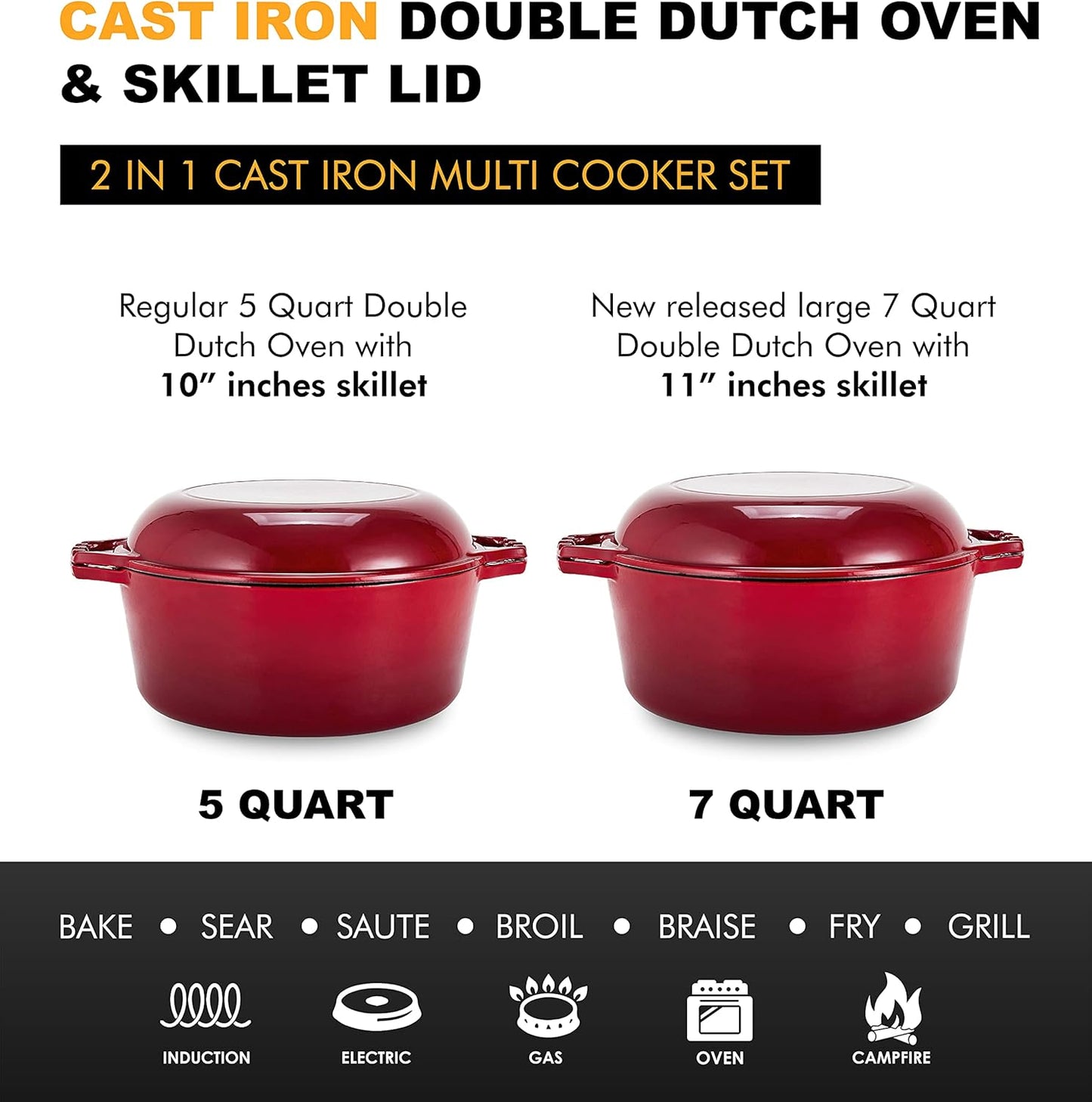 7 Quart Dutch Oven Pot with Lid - 2-In-1 Oval Cast Iron Enamel Cookware with Skillet Top - Enameled Dutch Oven for Bread, Baking, Stews, Roasting - Heat Resistant up to 500°F - Red Finish