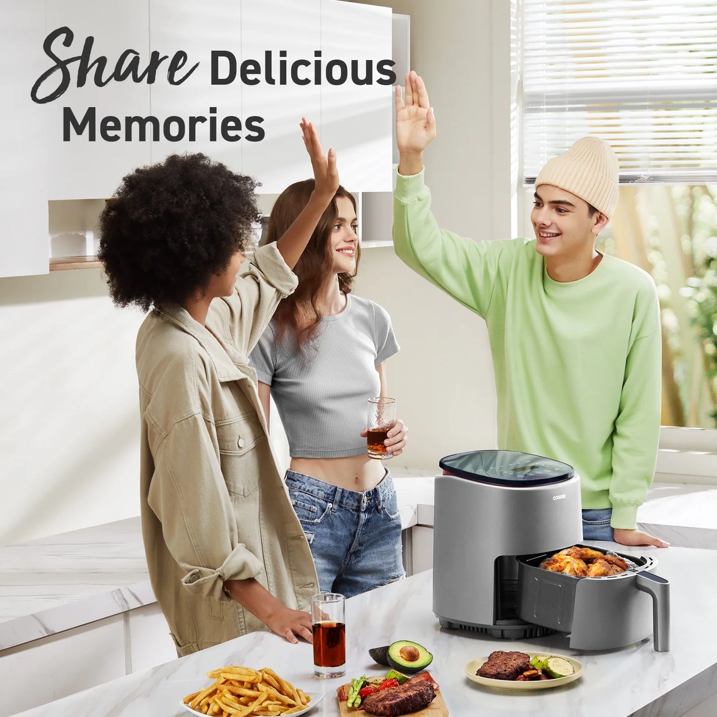 Smart Air Fryer, Lite 4 QT Compact 7-In-1 Oven, Preheat and Keep Warm, Voice Control, Dishwasher-Safe, Light Gray
