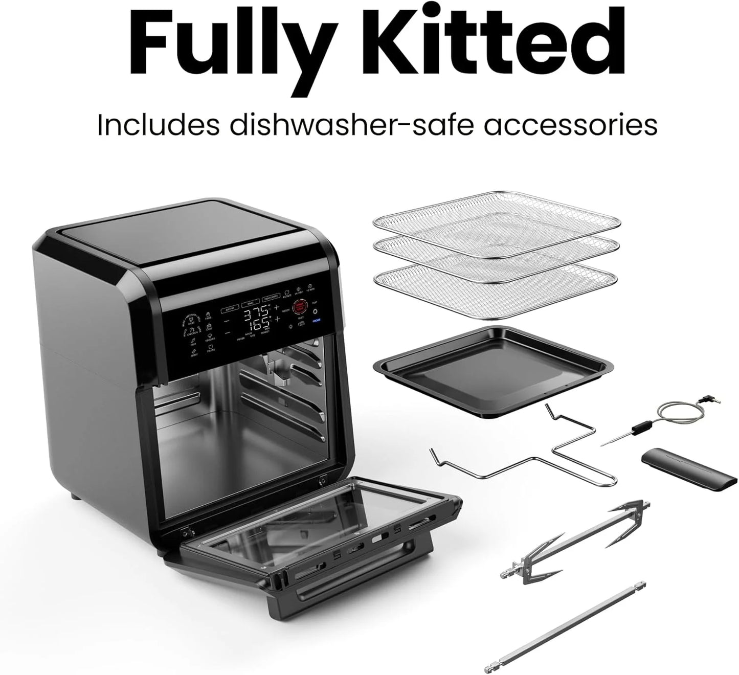 Exactemp 12 Quart 5-In-1 Air Fryer with Integrated Smart Thermometer, 28 Presets - Black, New