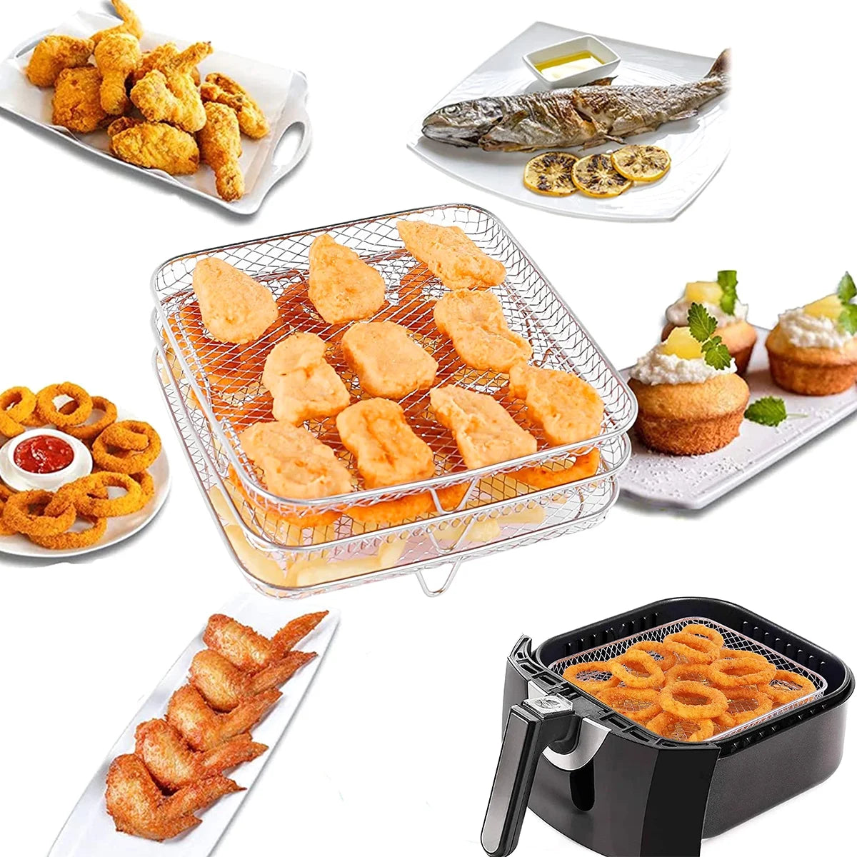 Air Fryer Racks 7.5L-8L 3-Basket Air Fryer, Stainless Steel - Three Layer Stackable Design, Dishwasher Safe