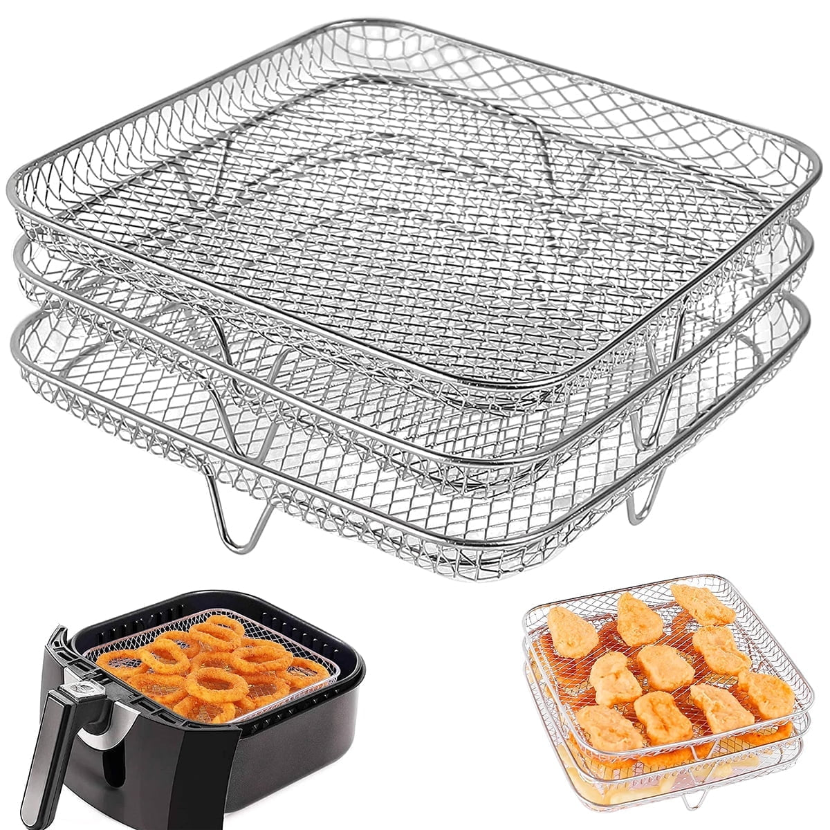 Air Fryer Racks 7.5L-8L 3-Basket Air Fryer, Stainless Steel - Three Layer Stackable Design, Dishwasher Safe
