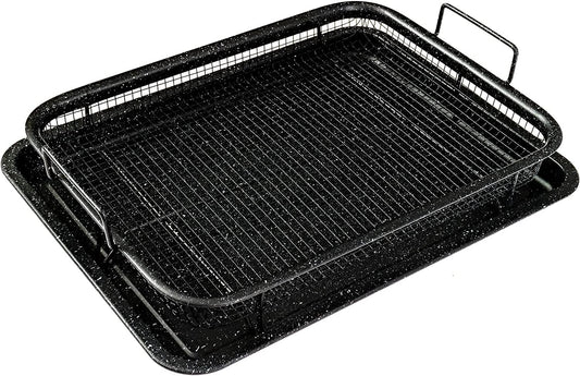 2-Piece Non-Stick Air Fryer Tray Bakeware Set for Oven with Crisper Pan and Cookie Sheet, 13 X 9-Inch (13" X 9" 2-Piece, Black)