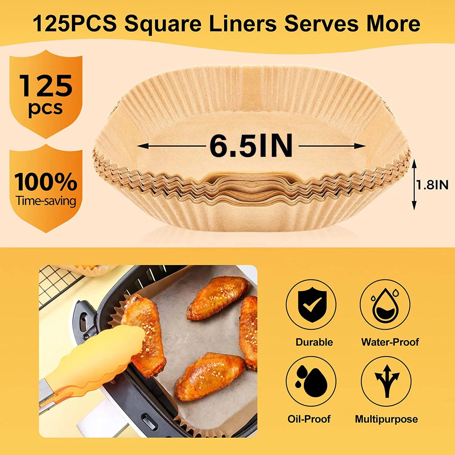 Air Fryer Paper Liners: 125Pcs Parchment Paper, Air Fryer Disposable Paper Liner, Oilproof Waterproof Airfryer Paper Basket Bowl Liner Square (6.5Inch)