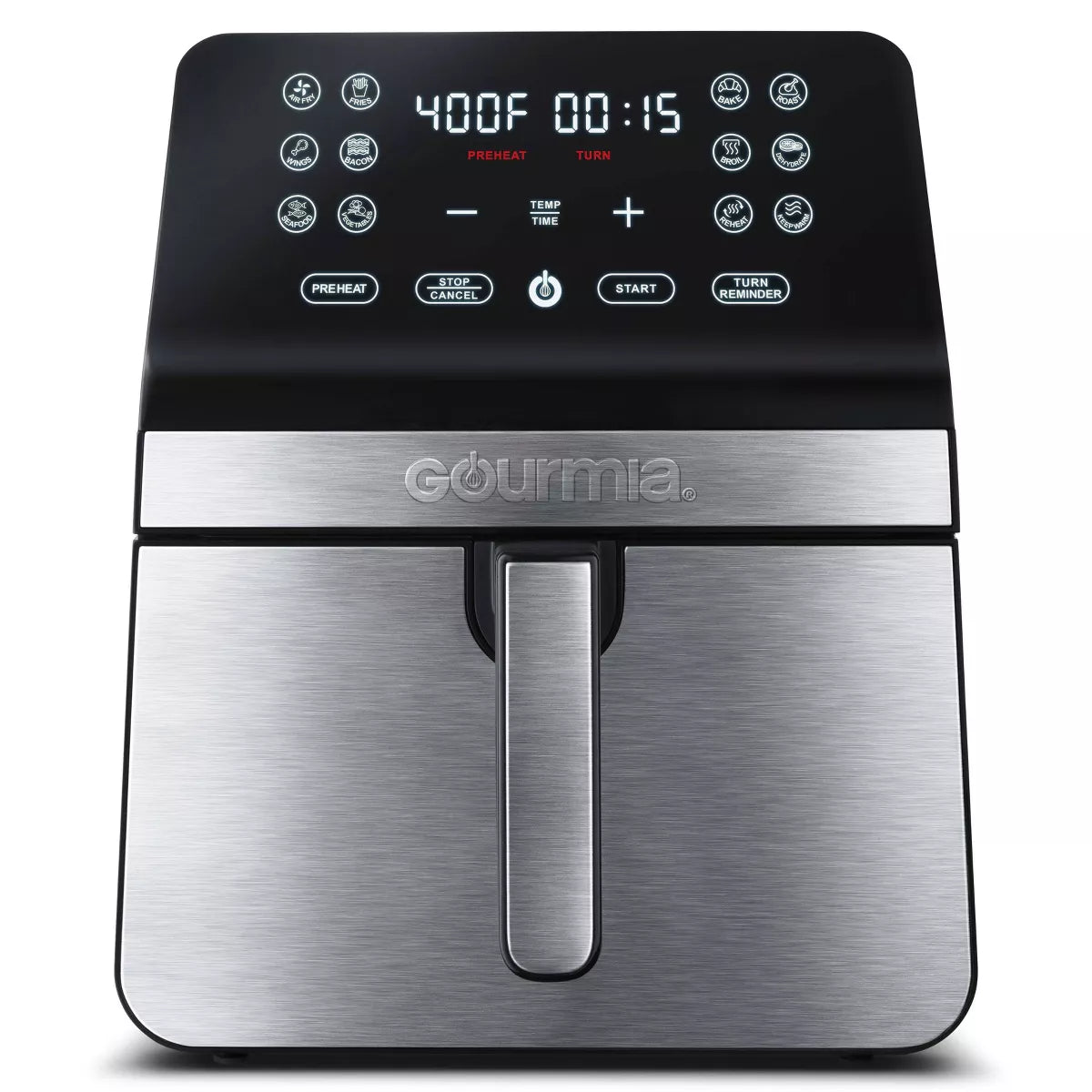 Gourmia 8Qt Digital Air Fryer, with 12 One-Touch Functions & Guided Cooking - Stainless Steel: Kitchen Appliance