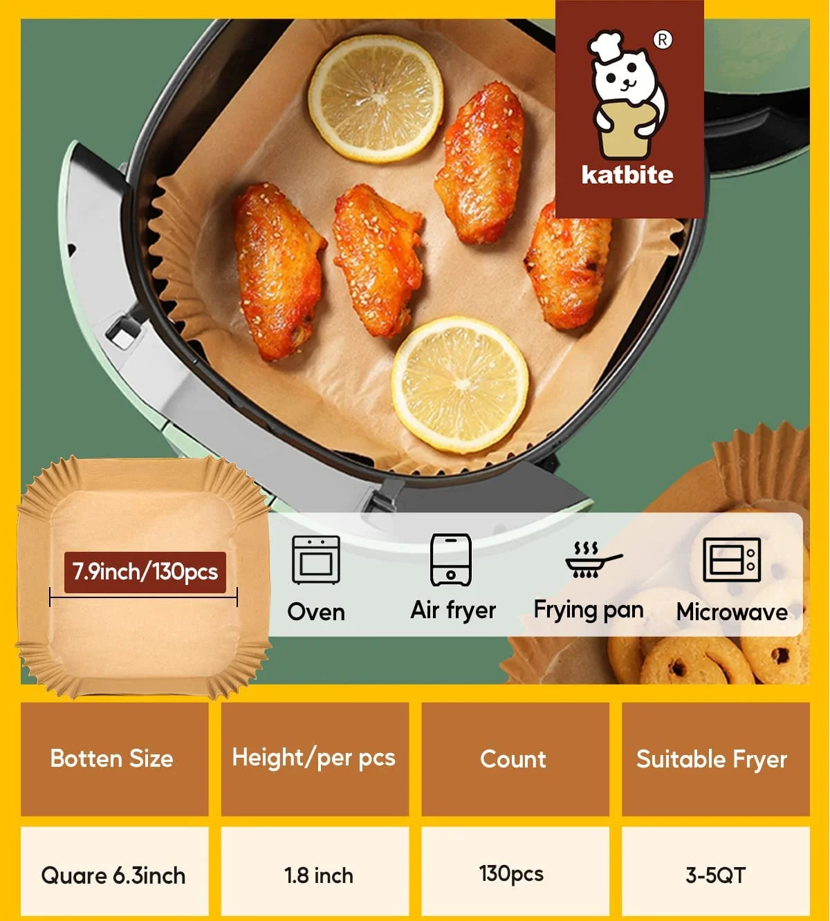 6.3 Inch 130PCS Square Disposable Air Fryer Paper Liners, Unbleached Non-Stick & Oil-Proof Parchment Paper