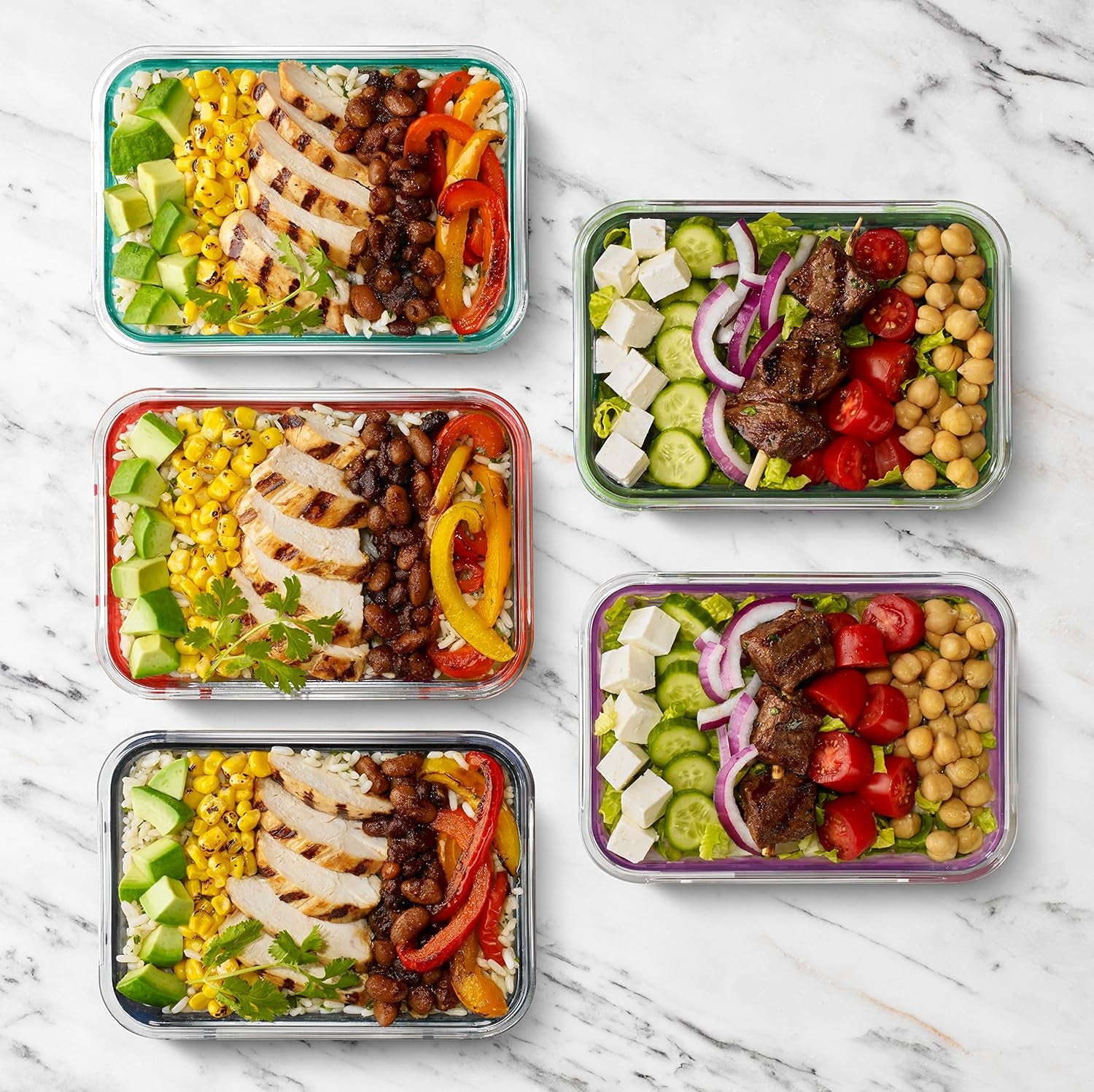 Duraglass 3.4 Cup Meal Prep Sets 10Pc, 5 Pack Set- Glass Food Storage Container with Silicone Sleeve and Airtight Bpa-Free Plastic Lids, Dishwasher, Microwave, and Freezer Safe, Fruit Salad