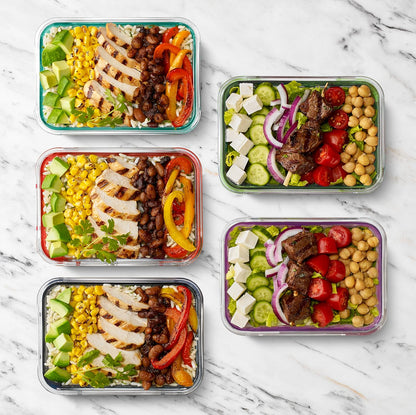 Duraglass 3.4 Cup Meal Prep Sets 10Pc, 5 Pack Set- Glass Food Storage Container with Silicone Sleeve and Airtight Bpa-Free Plastic Lids, Dishwasher, Microwave, and Freezer Safe, Fruit Salad