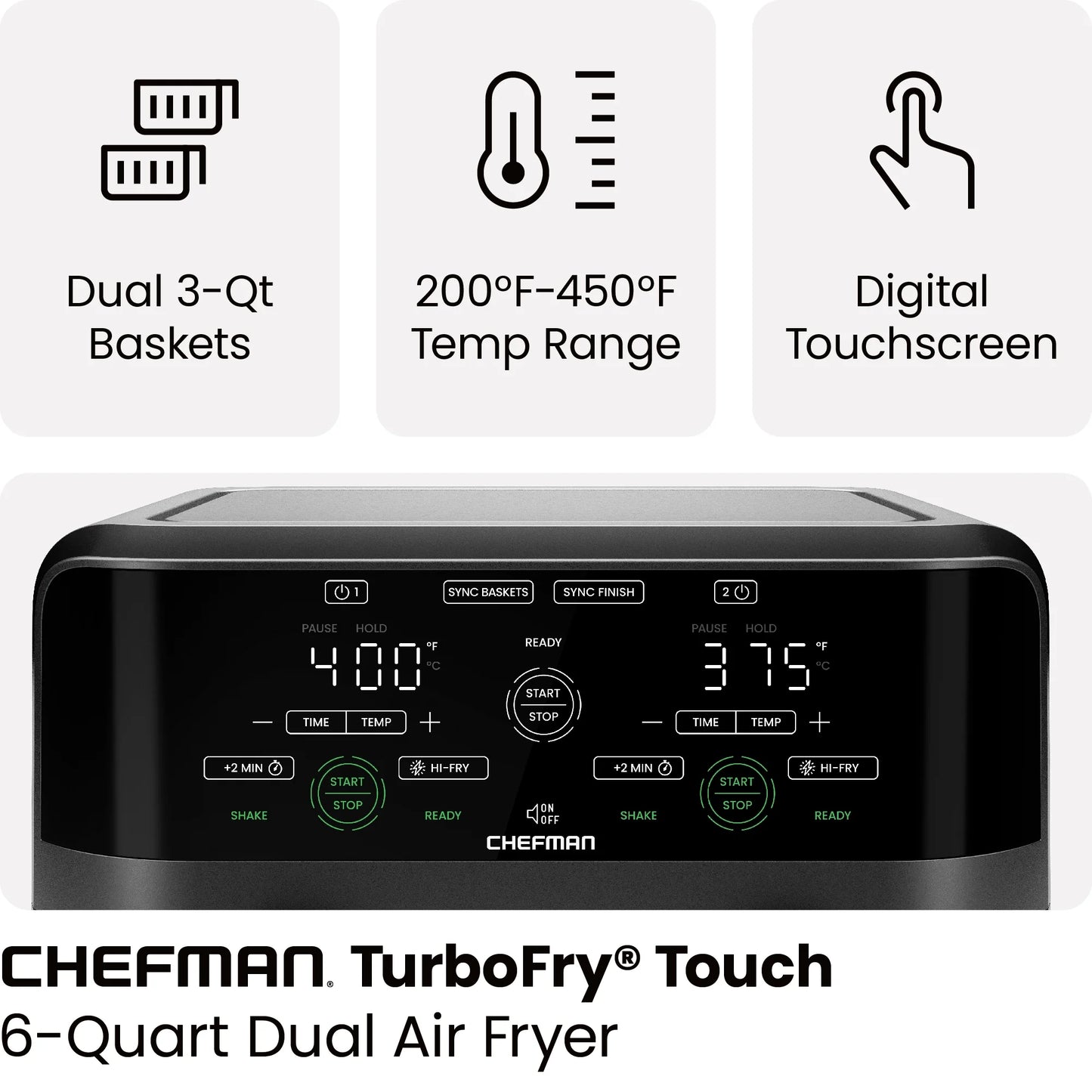 Dual Basket Air Fryer W/ Digital Touchscreen, 2 Independent 3 Qt Baskets, Sync Finish - Black, New