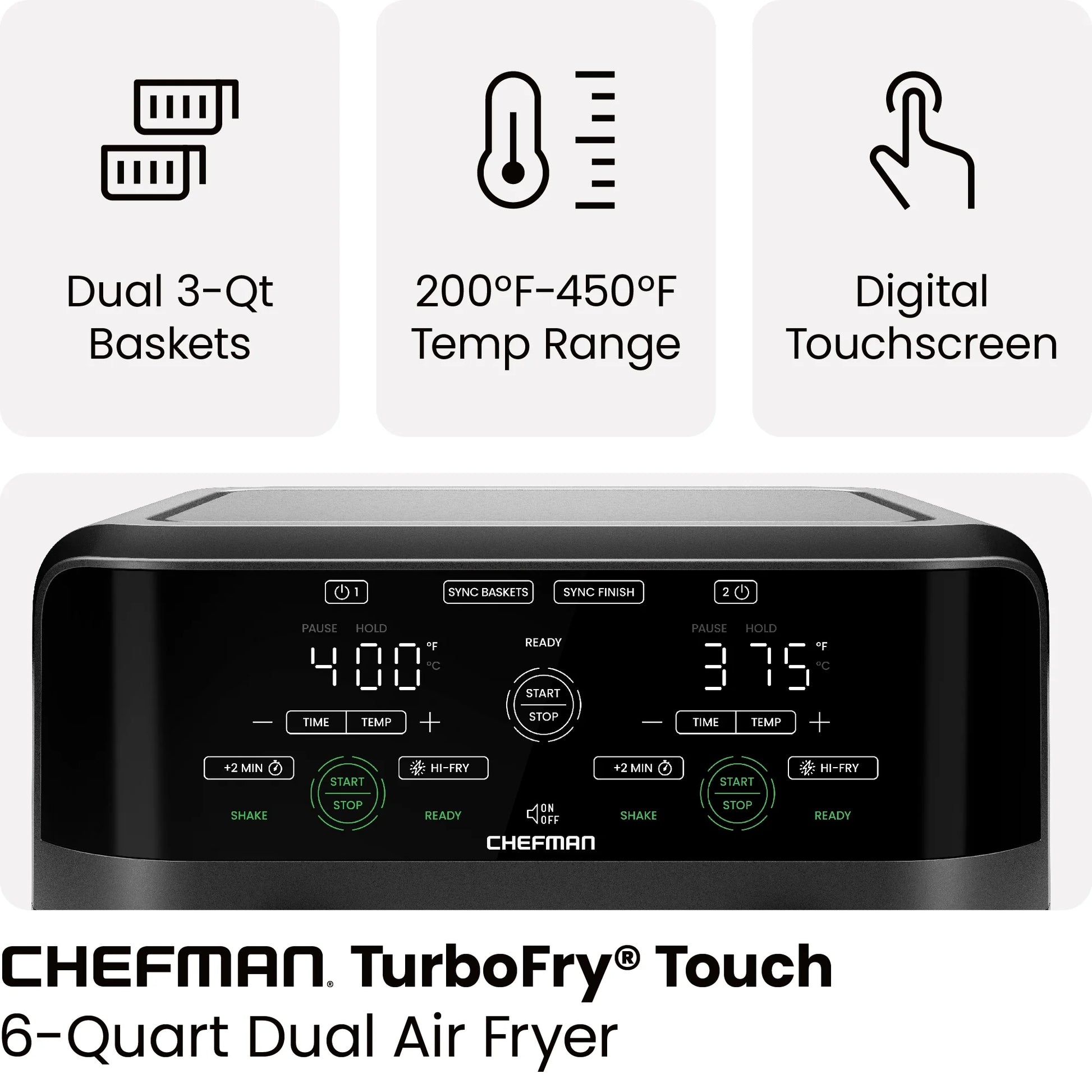 Dual Basket Air Fryer W/ Digital Touchscreen, 2 Independent 3 Qt Baskets, Sync Finish - Black, New