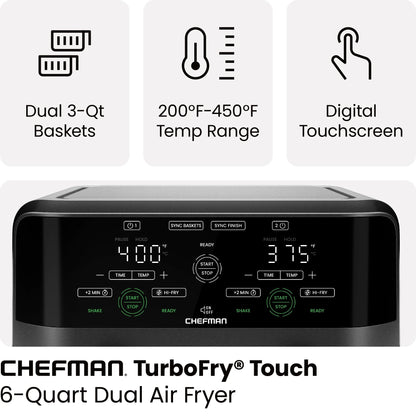 Dual Basket Air Fryer W/ Digital Touchscreen, 2 Independent 3 Qt Baskets, Sync Finish - Black, New