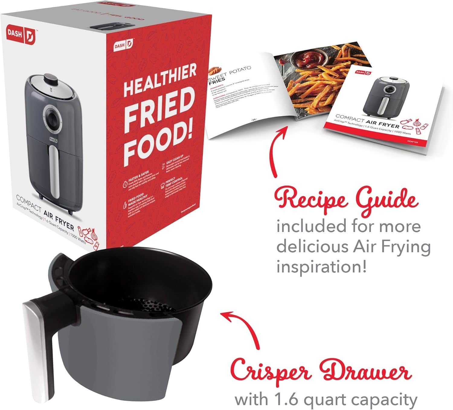 Compact Air Fryer Oven Cooker with Temperature Control, Non-Stick Fry Basket, Recipe Guide + Auto Shut off Feature, 2 Quart - Grey