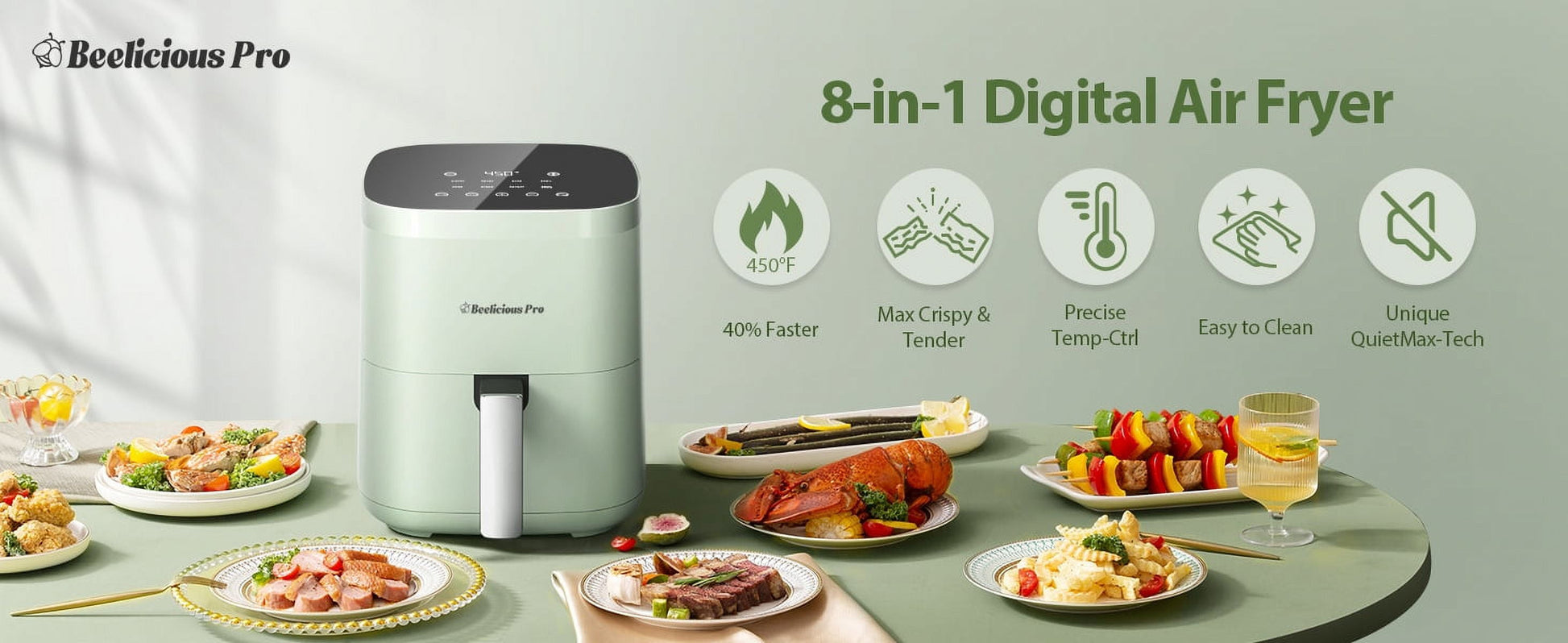 Air Fryer,  8-In-1 Smart Compact 4QT Air Fryers, Shake Reminder,450°F Digital Airfryer with Flavor-Lock Tech,Tempered Glass Display, Dishwasher-Safe & Nonstick,Fit for 1-3 People, Green