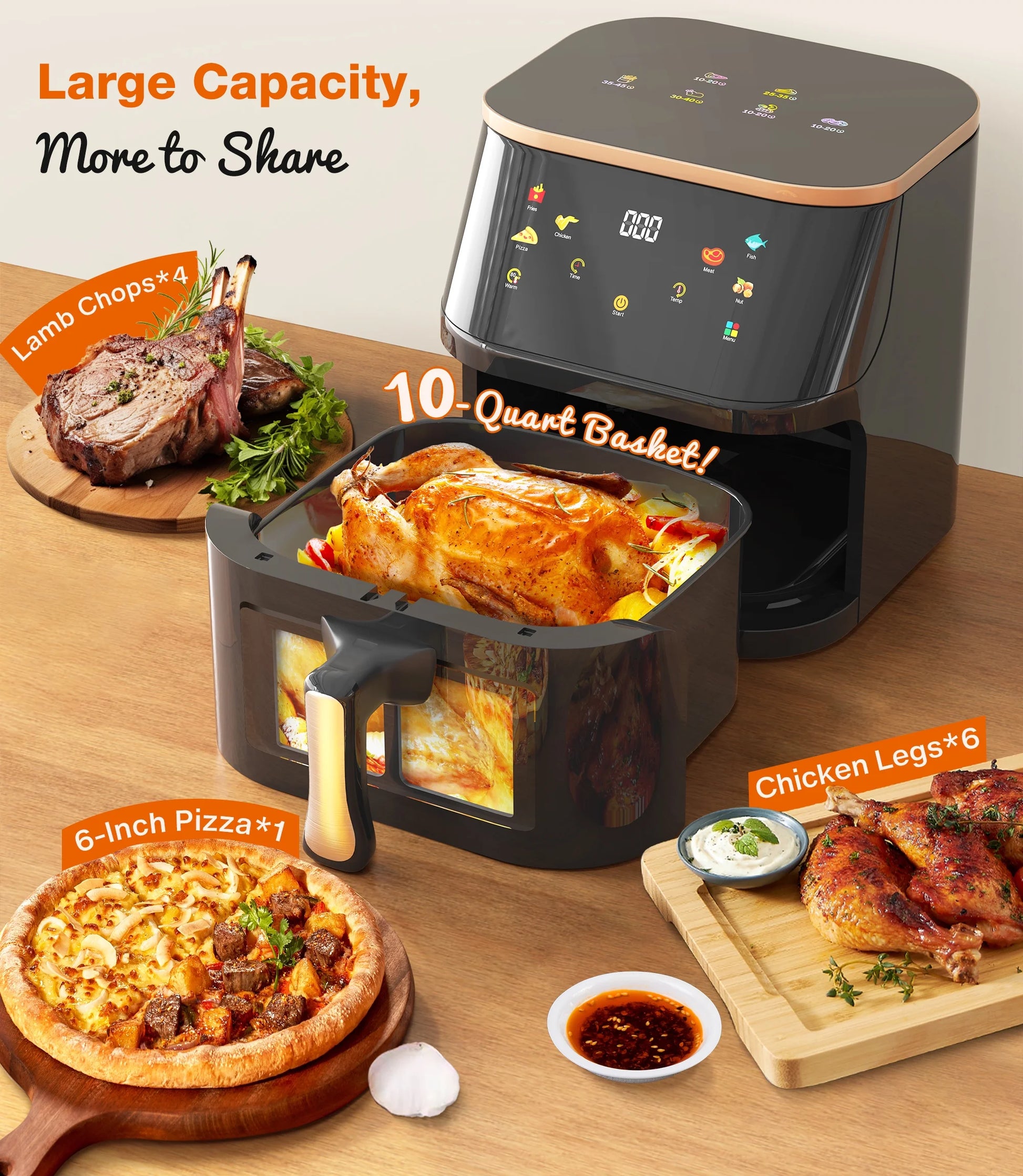 Air Fryer 10 Qt Max 450F for Cooking, 6 Presets Fry Touch Panel Easy View Window, New Black