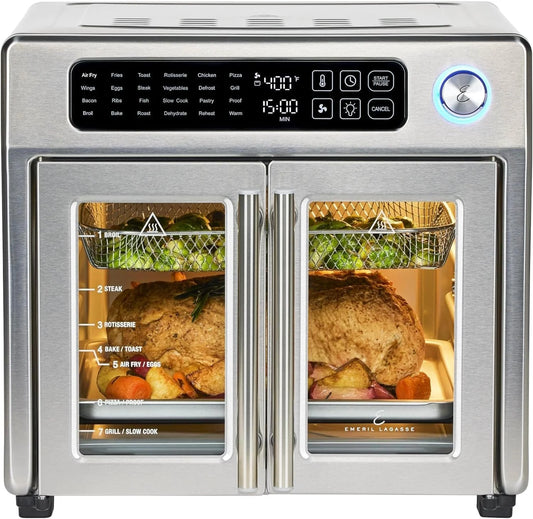 Extra Large French Door Air Fryer Toaster Oven Combo, 25 Cooking Functions and Digital Controls, 7 Accessories Included, Stainless Steel Finish, 26QT Capacity
