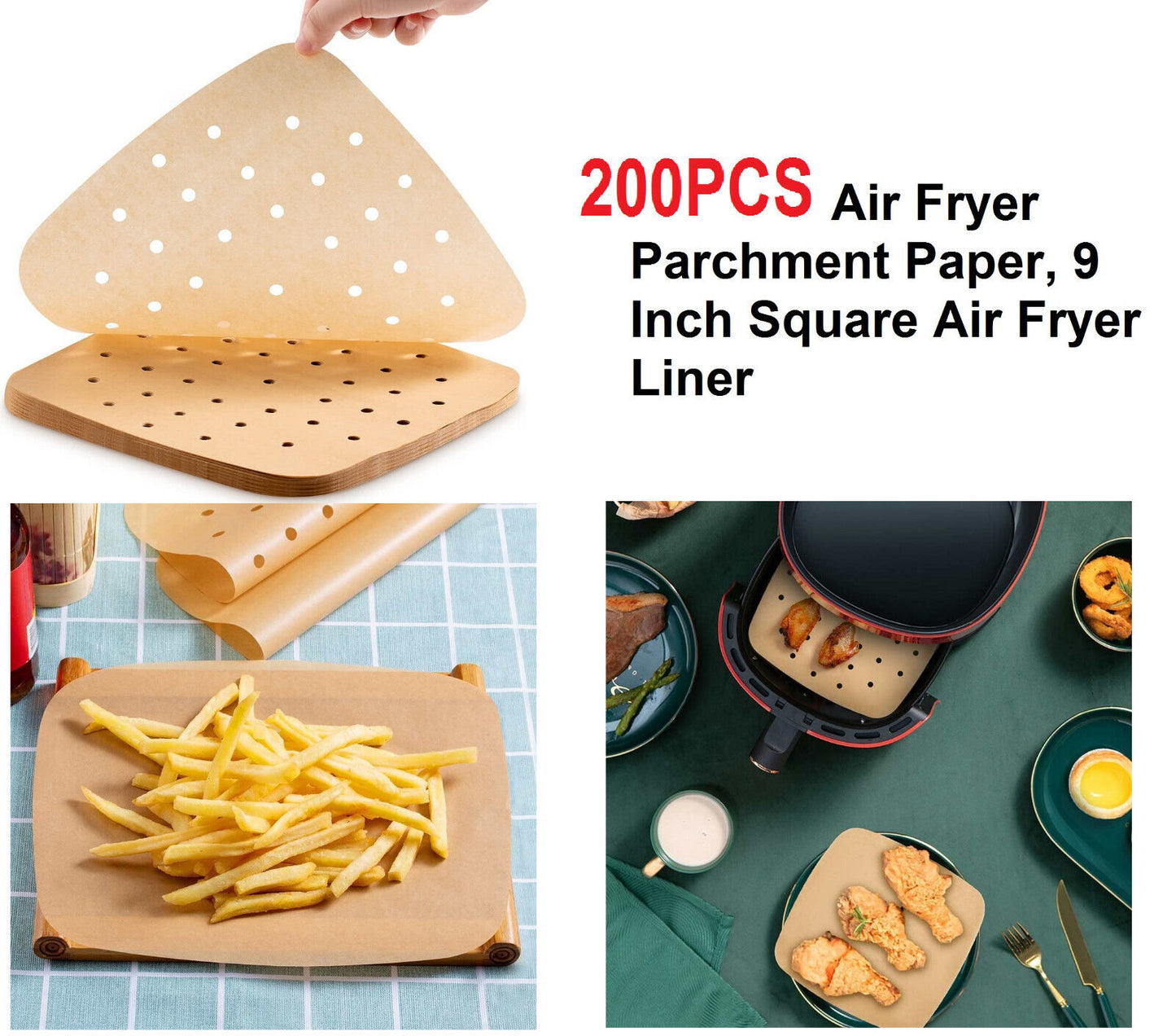 200Pcs Square Perforated and Imperforate Parchment Paper Sheets for Air Fryer 9"