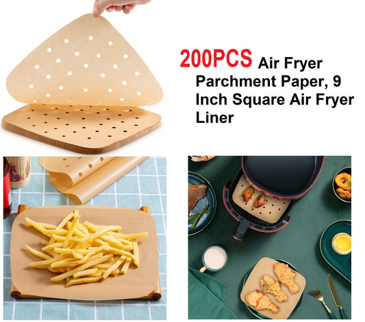 200Pcs Square Perforated and Imperforate Parchment Paper Sheets for Air Fryer 9"