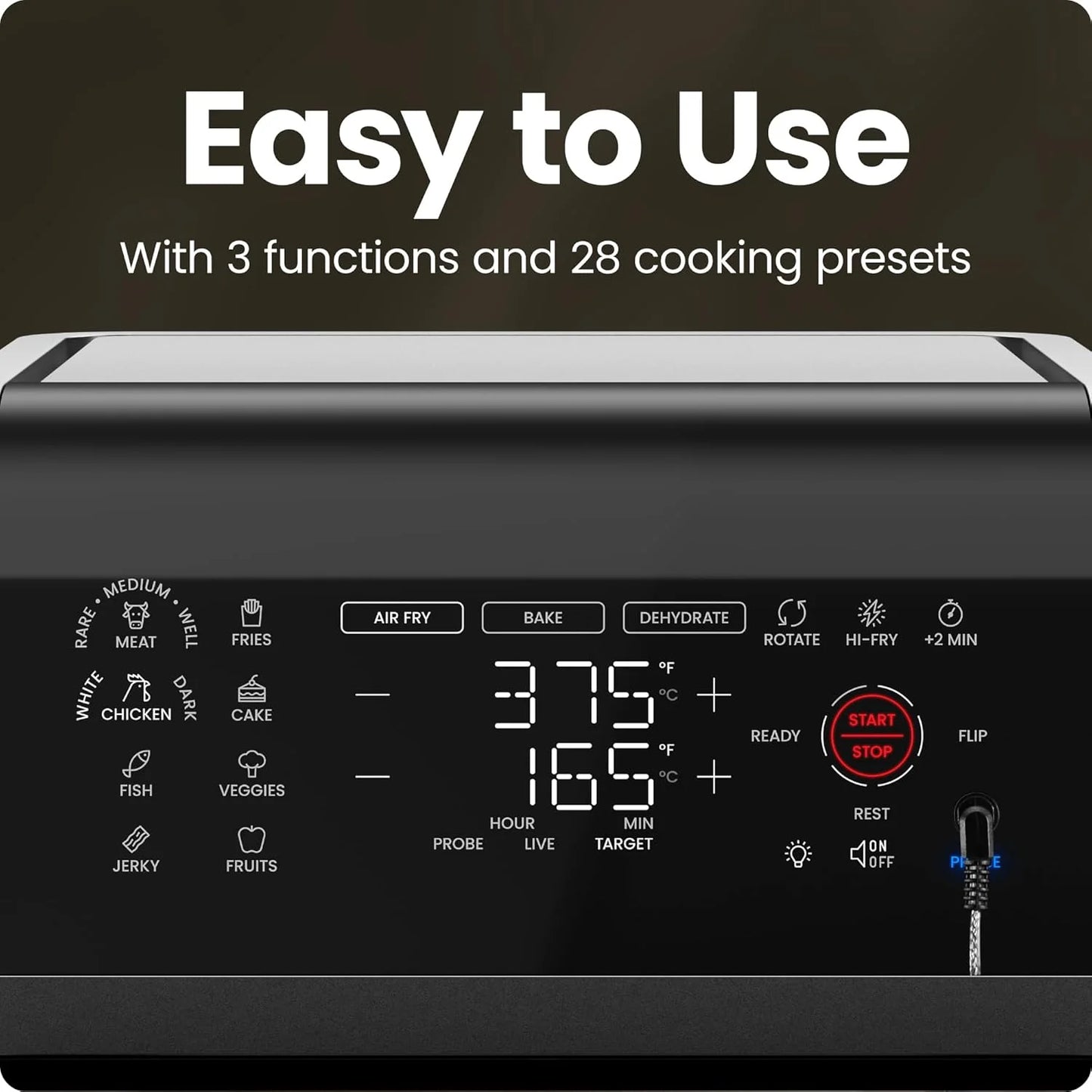 Exactemp 12 Quart 5-In-1 Air Fryer with Integrated Smart Thermometer, 28 Presets - Black, New
