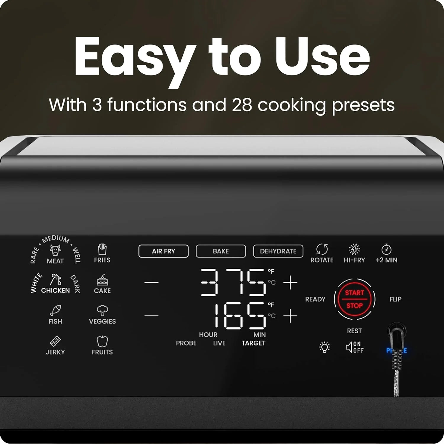 Exactemp 12 Quart 5-In-1 Air Fryer with Integrated Smart Thermometer, 28 Presets - Black, New