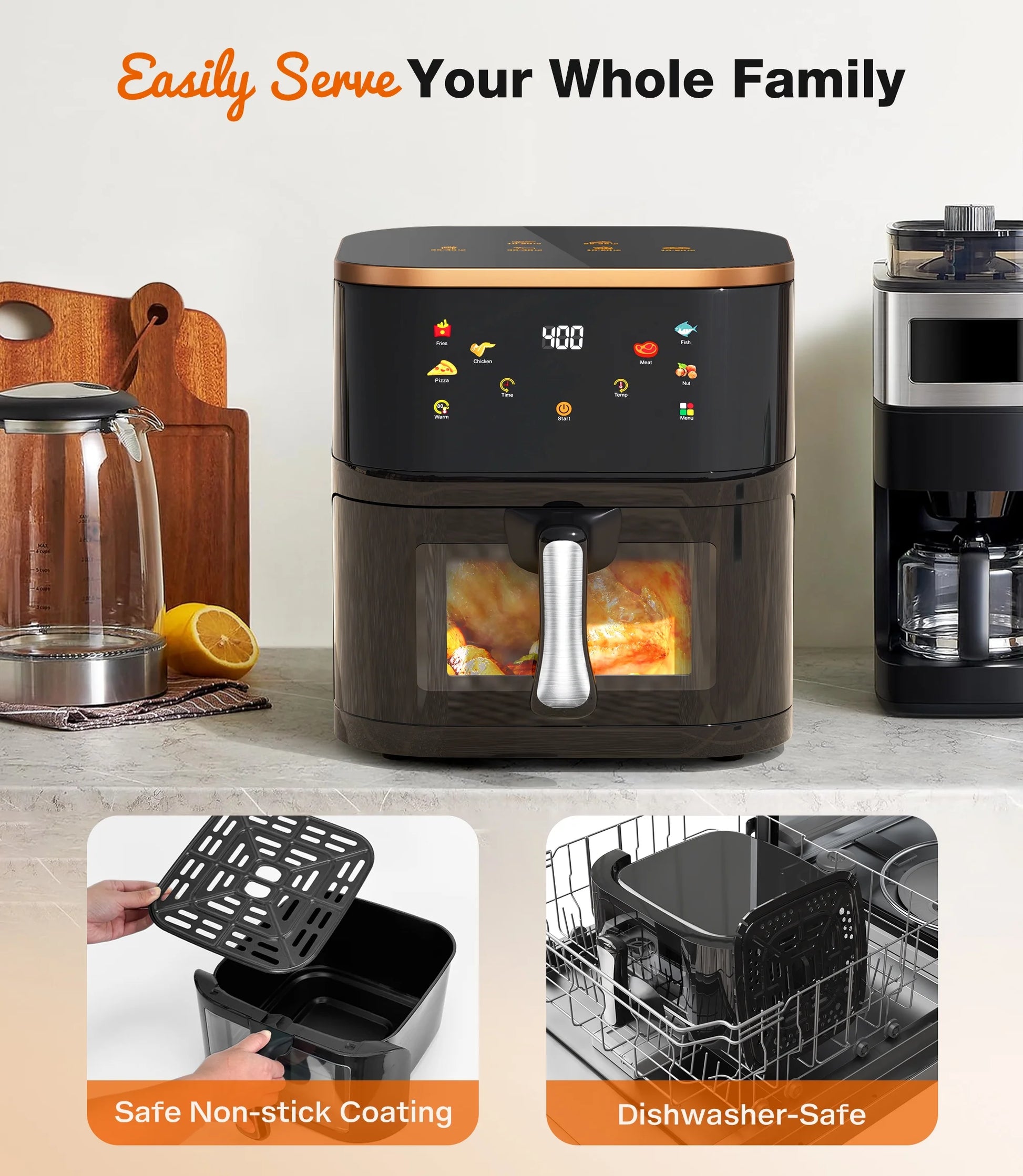 Air Fryer 10 Qt Max 450F for Cooking, 6 Presets Fry Touch Panel Easy View Window, New Black