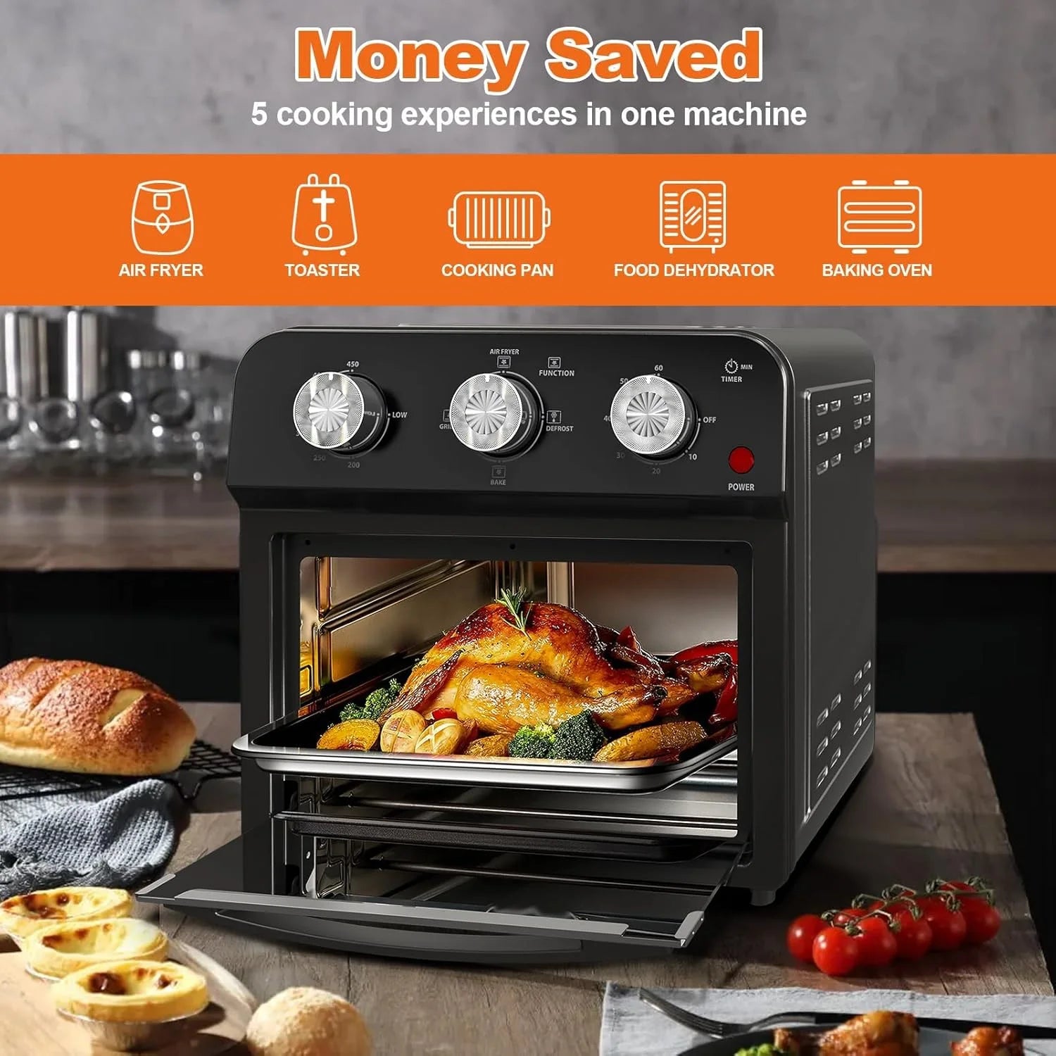 Air Fryer, 13Qt Small Footprint Airfryer Combo with Roast, Bake, Grill, Broil, Toast, Dehydrate, Defrost, Perfect for Small Contertop, 1500W, Black