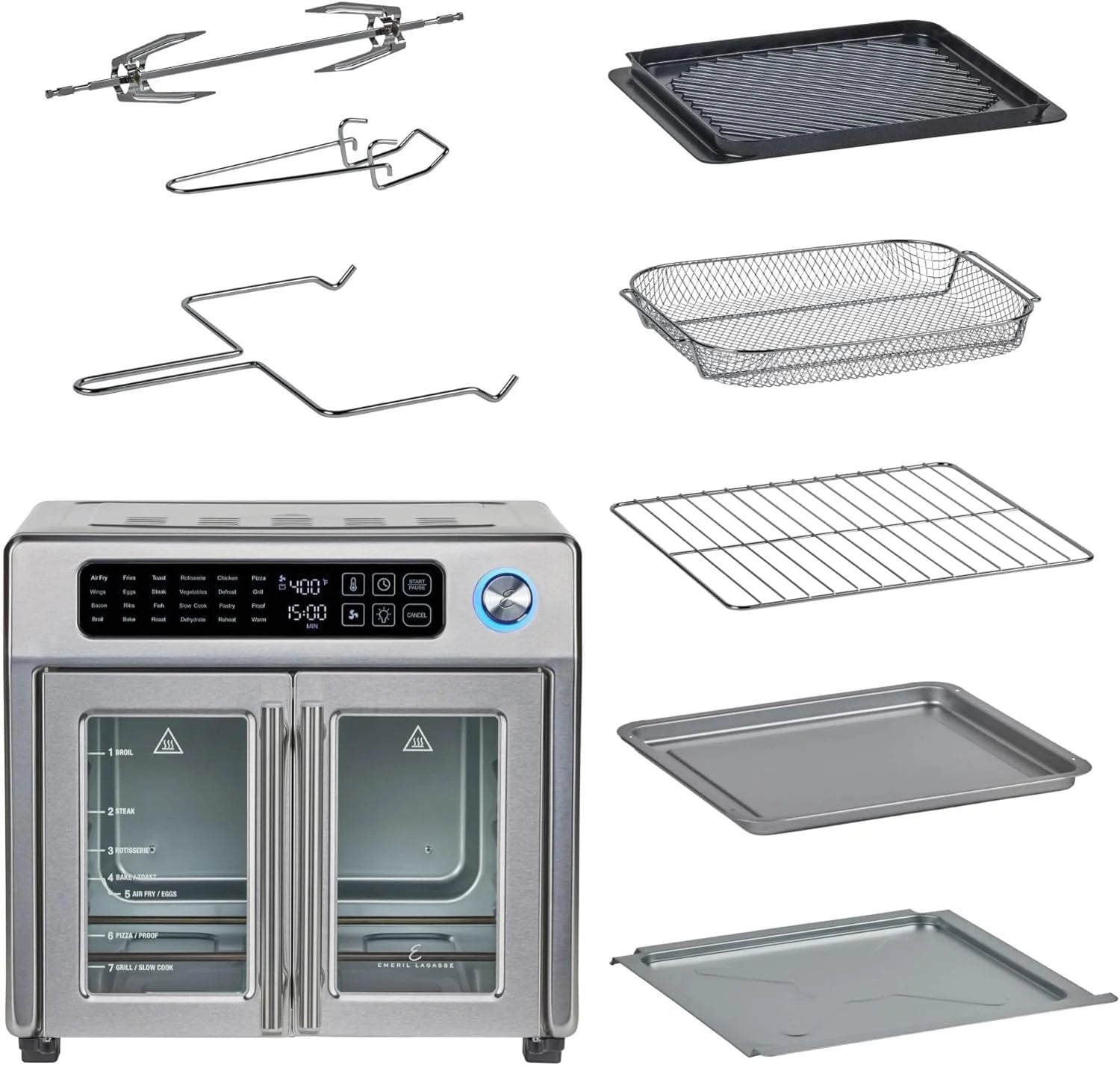 Extra Large French Door Air Fryer Toaster Oven Combo, 25 Cooking Functions and Digital Controls, 7 Accessories Included, Stainless Steel Finish, 26QT Capacity