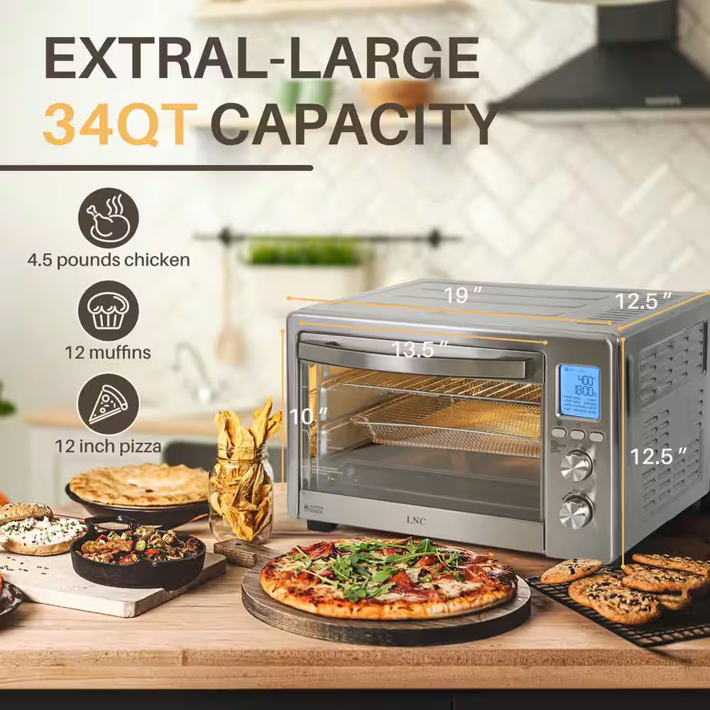 All-In-1 33.8 Qt. Silver Stainless Steel Digital Air Fryer Toaster Oven for Bake Roast Pizza with Accessories