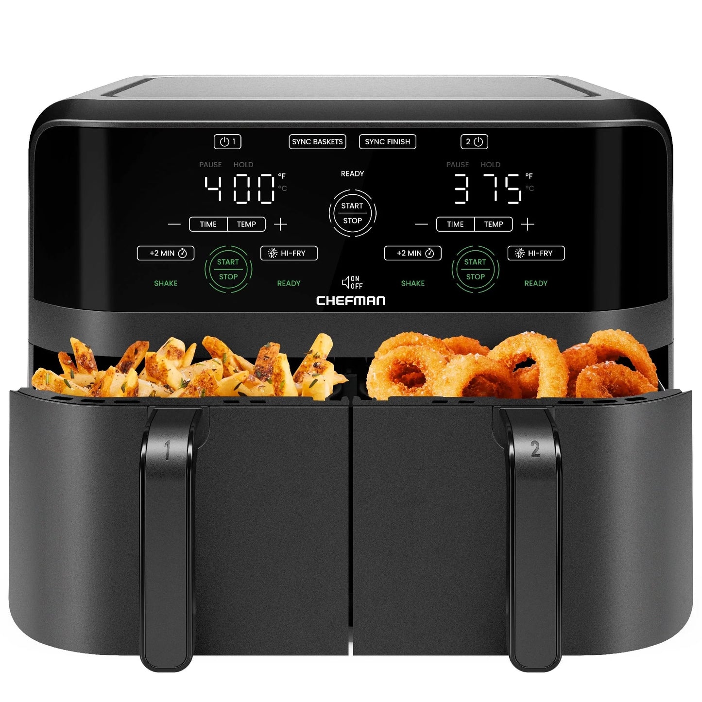 Dual Basket Air Fryer W/ Digital Touchscreen, 2 Independent 3 Qt Baskets, Sync Finish - Black, New