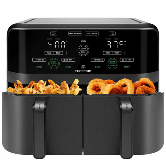 Dual Basket Air Fryer W/ Digital Touchscreen, 2 Independent 3 Qt Baskets, Sync Finish - Black, New