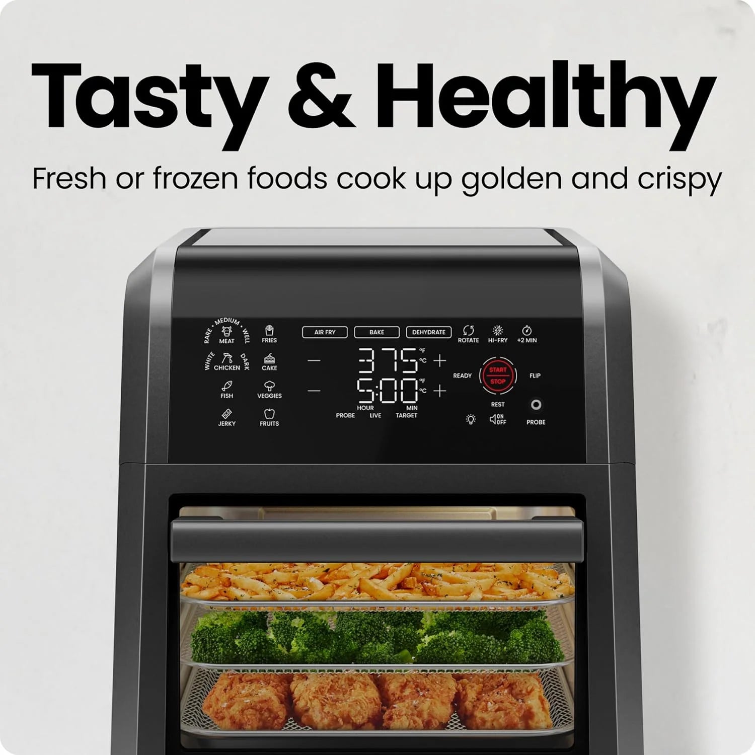 Exactemp 12 Quart 5-In-1 Air Fryer with Integrated Smart Thermometer, 28 Presets - Black, New