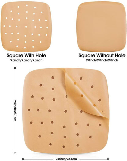 200Pcs Square Perforated and Imperforate Parchment Paper Sheets for Air Fryer 9"