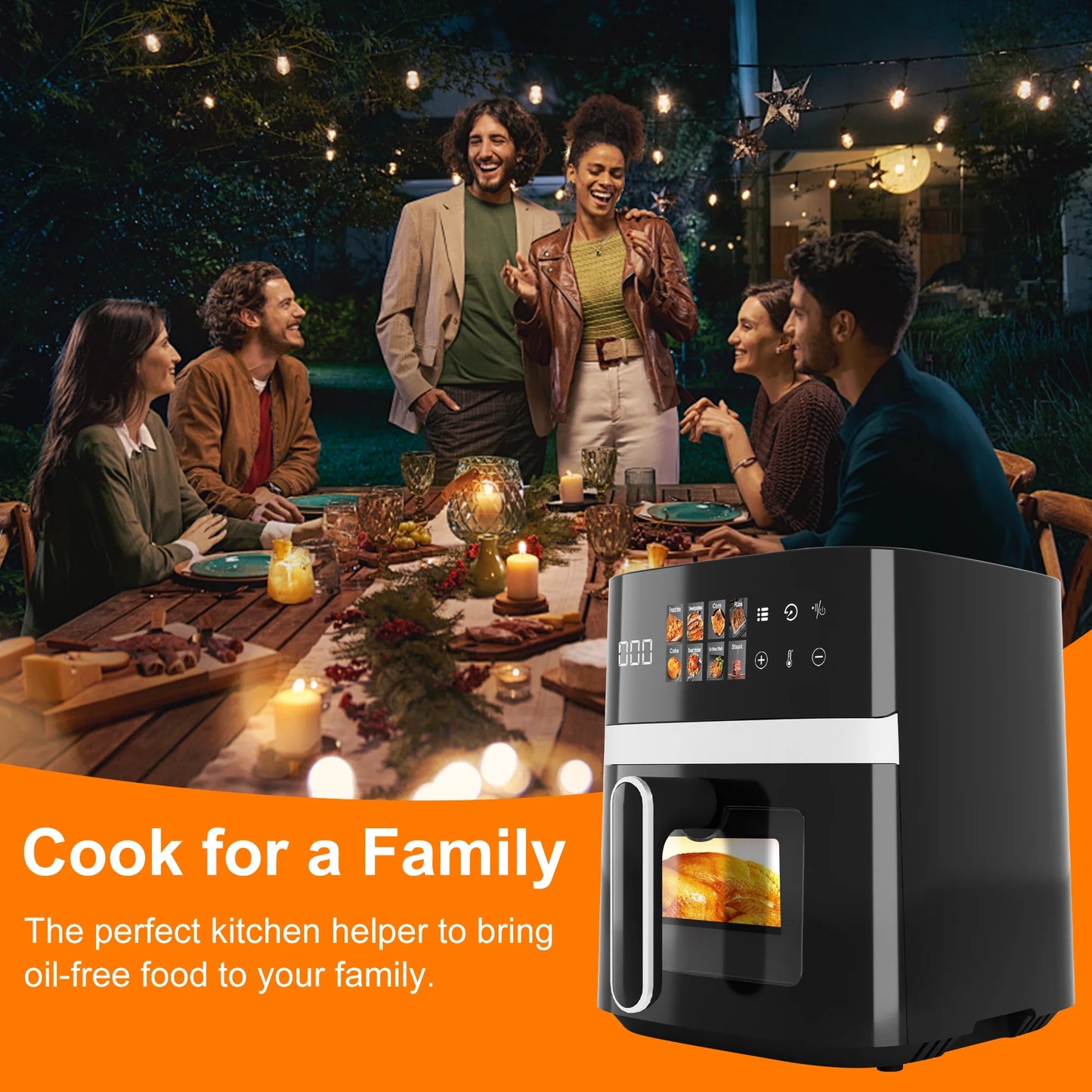 6QT Air Fryer, 8-In-1 Electric Hot Oven with Digital LED Touchscreen, Visible Window, 1500W, New, Black