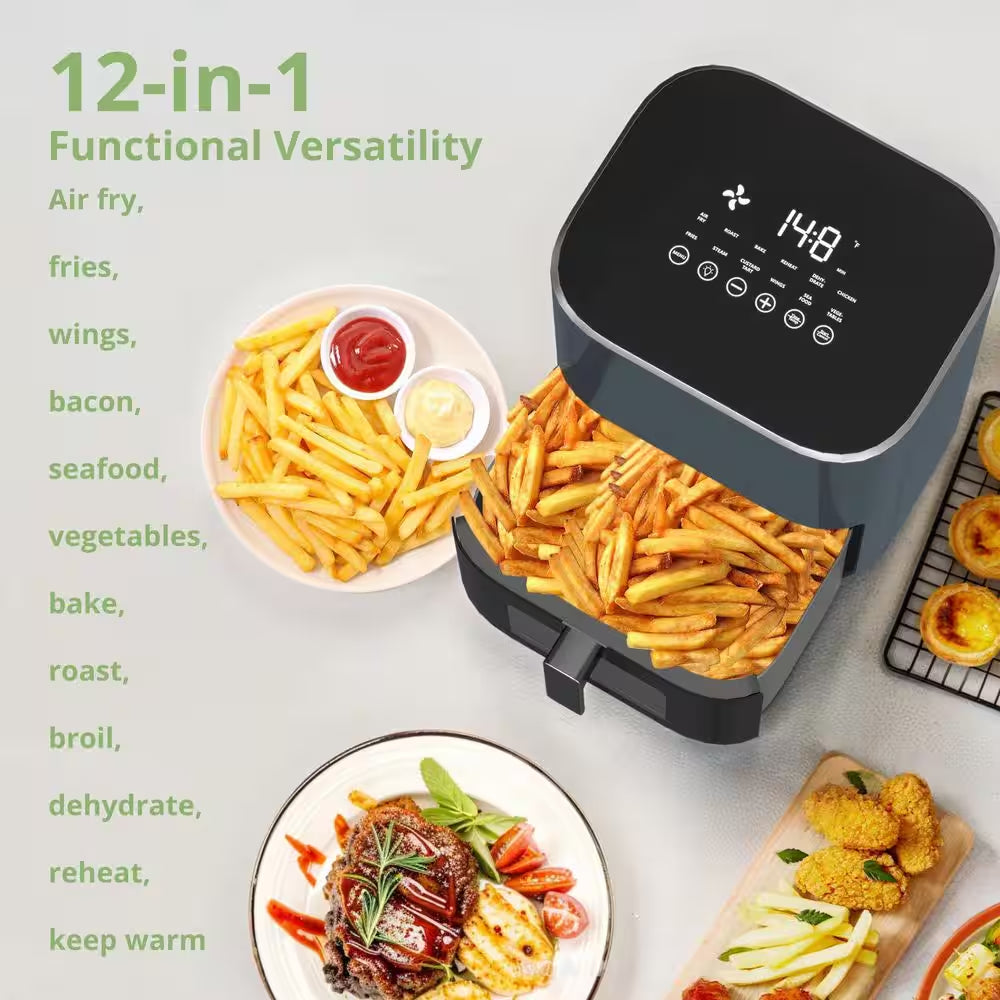6 Qt. Grey Air Fryer with Roast, Reheat, Dehydrate, Bake, Steam, and More, 400°F Max