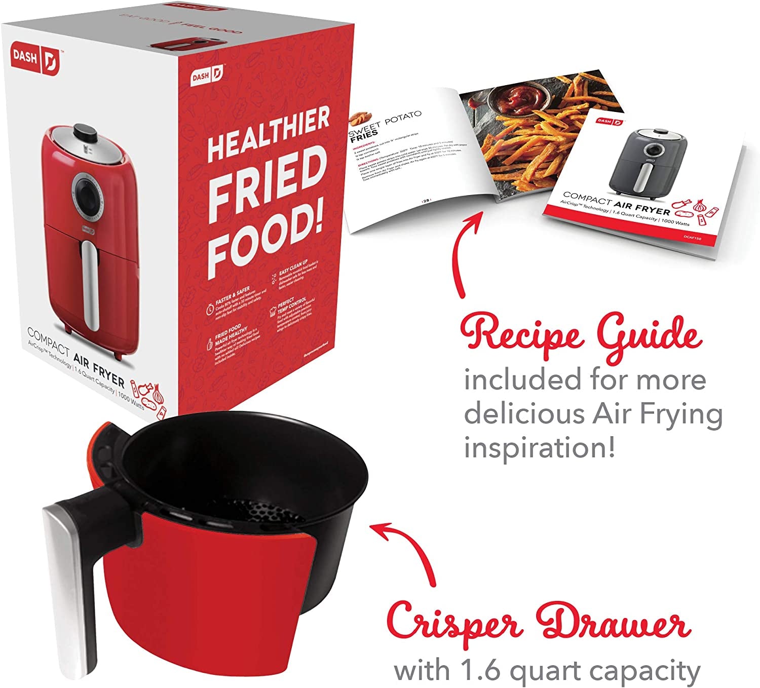 Compact Air Fryer Oven Cooker with Temperature Control, Non-Stick Fry Basket, Recipe Guide + Auto Shut off Feature, 2 Quart - Red