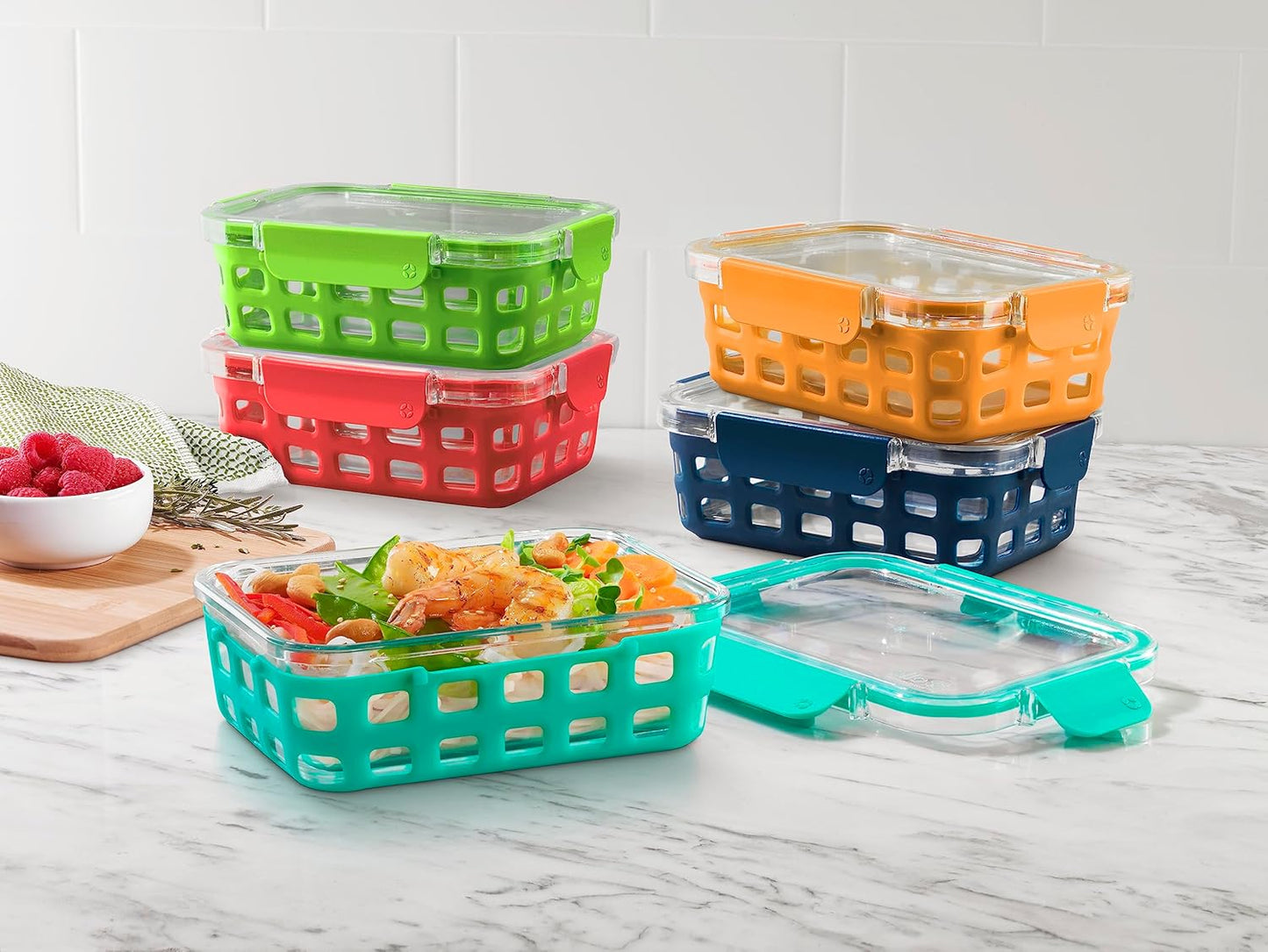 Duraglass 3.4 Cup Meal Prep Sets 10Pc, 5 Pack Set- Glass Food Storage Container with Silicone Sleeve and Airtight Bpa-Free Plastic Lids, Dishwasher, Microwave, and Freezer Safe, Fruit Salad