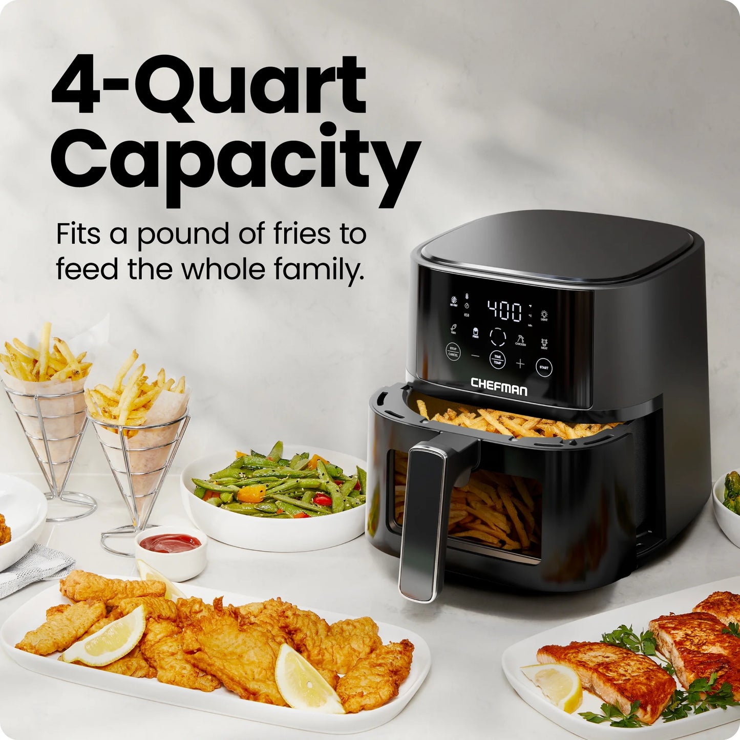 Turbofry Touch 4-Qt Easy-View Air Fryer W/ 4 Cooking Presets and 450F Hi-Fry Button - Black, New
