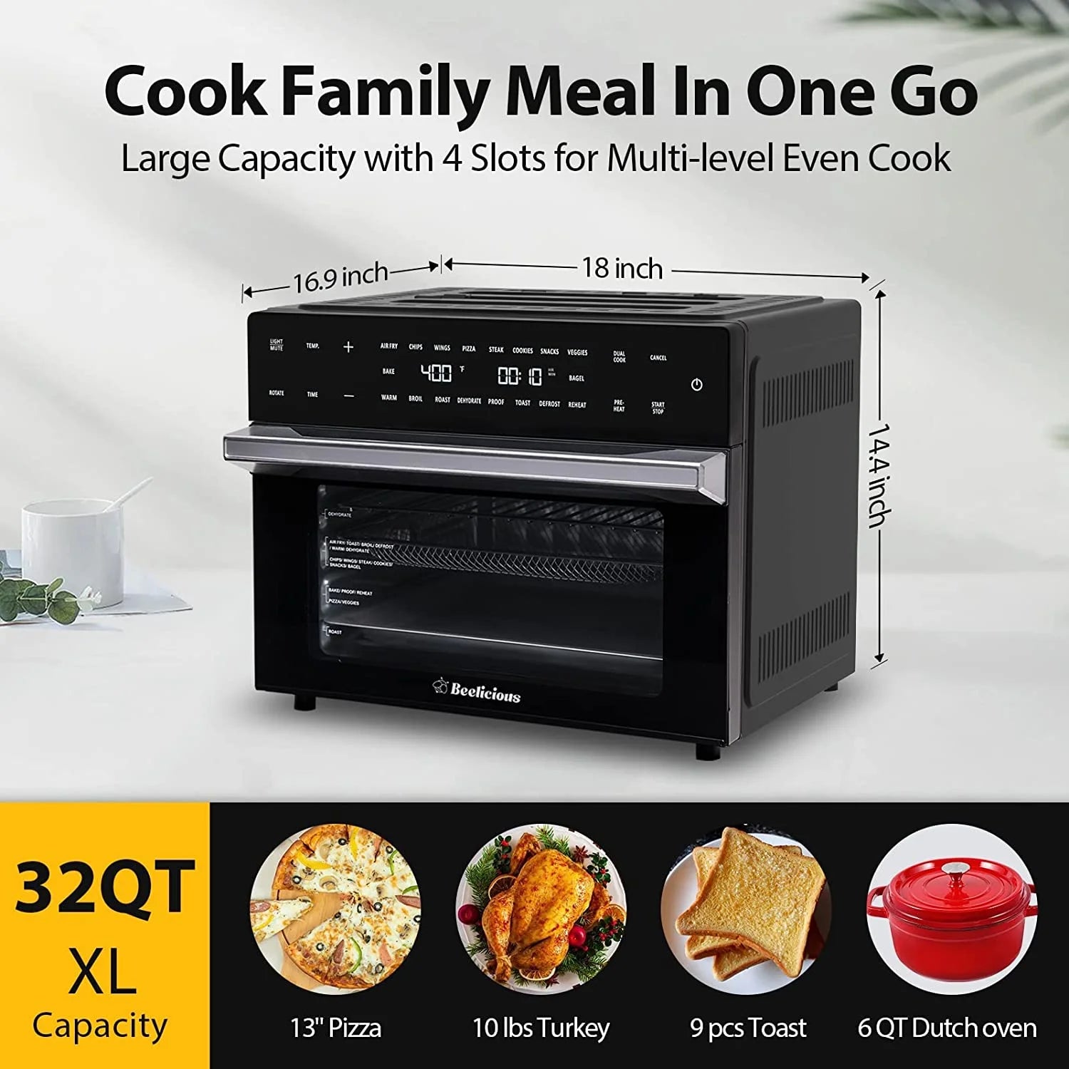 32 QT Large Air Fryer Ovens, Rotisserie Oven with Dehydrator, 19-In-1 Convection Toast Countertops Oven Combo, 6 Accessories