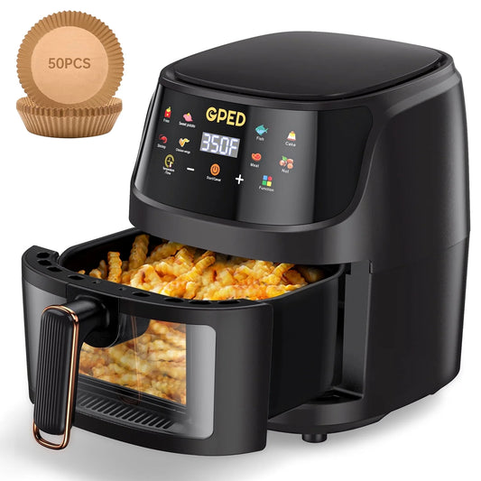 Air Fryers, 7.5 QT 8-In-1 Oilless Air Fryer Oven with Visible Cooking Window, One-Touch Screen, Nonstick and Dishwasher-Safe Basket, Customized Temp/Time, Including Air Fryer Paper Liners 50Pcs,Black