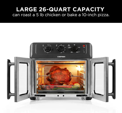 XL Air Fryer Oven W/ French Doors, 26 Qt Capacity, 5 Functions - Black, New