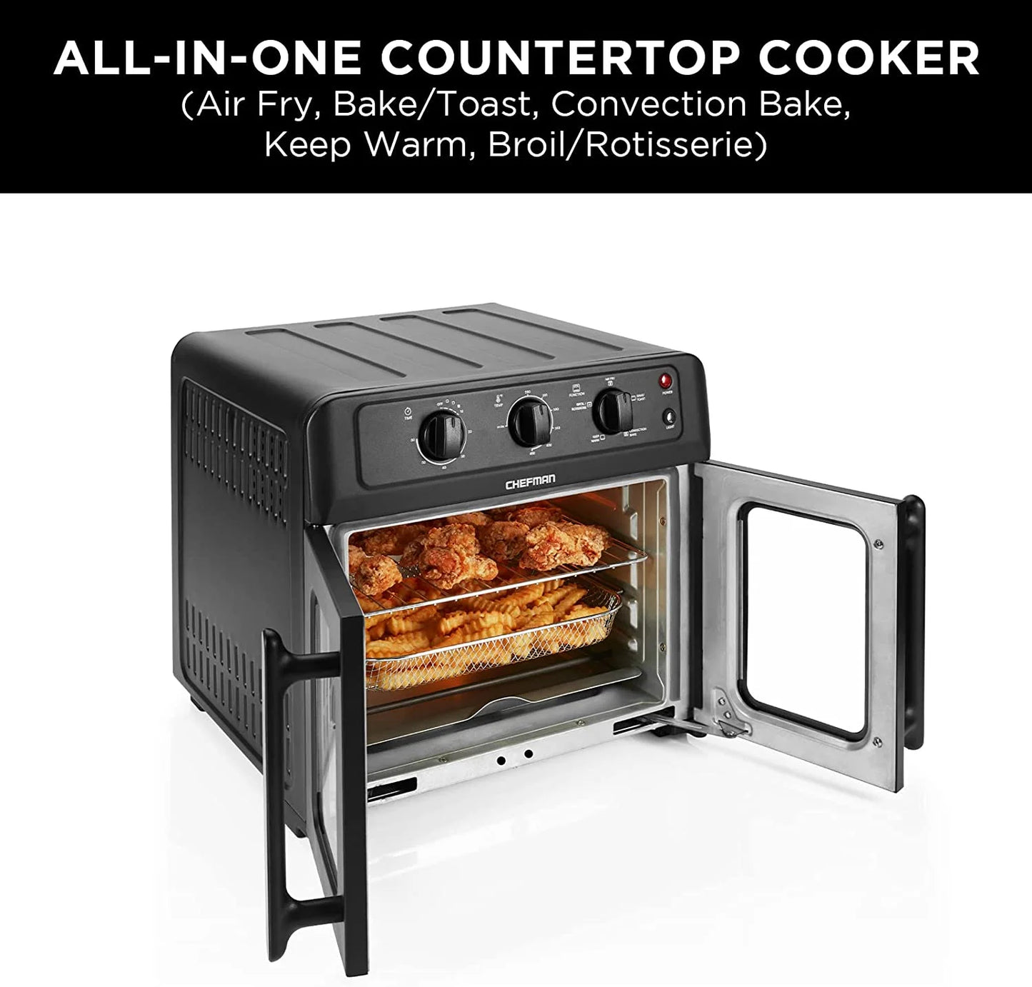 XL Air Fryer Oven W/ French Doors, 26 Qt Capacity, 5 Functions - Black, New