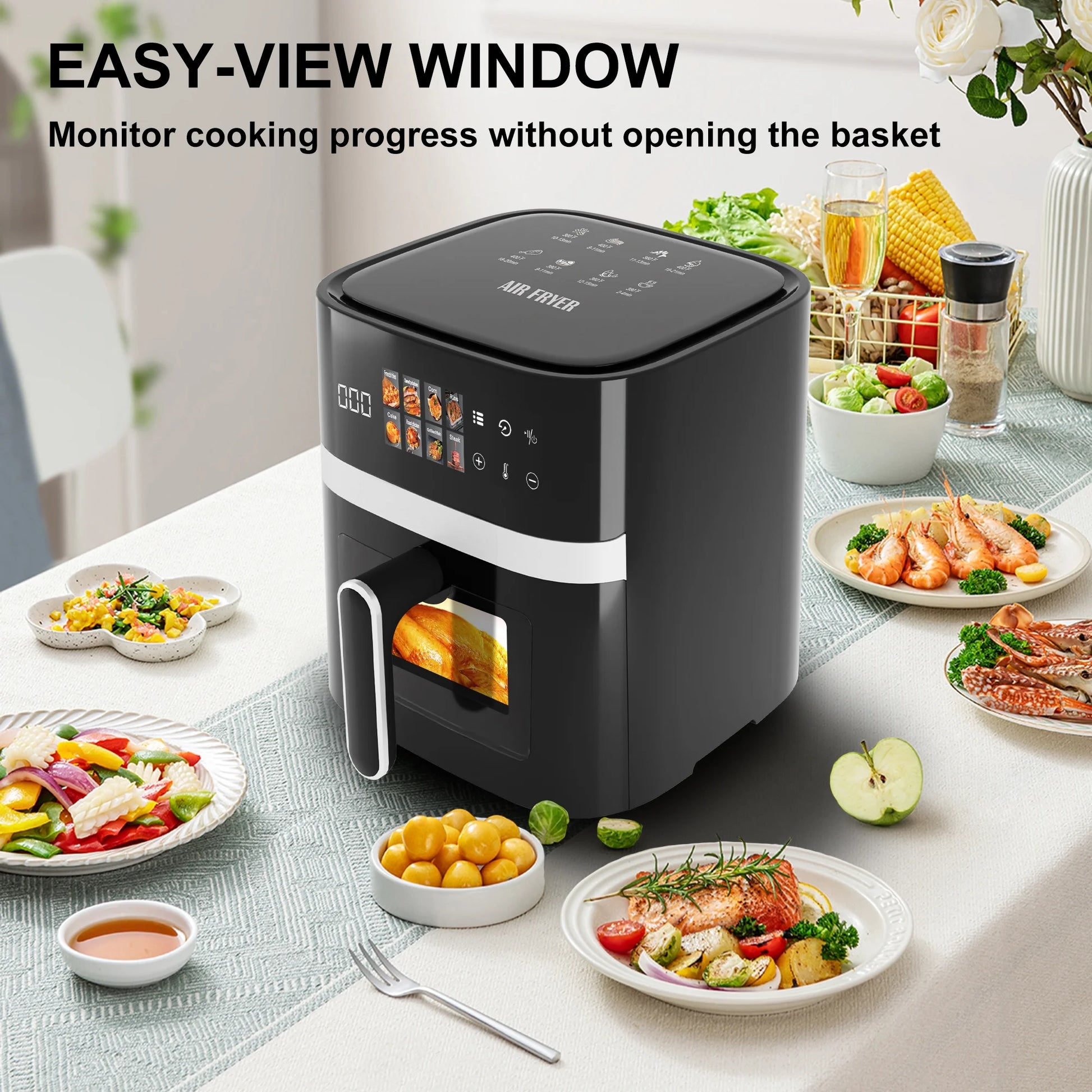 6QT Air Fryer, 8-In-1 Electric Hot Oven with Digital LED Touchscreen, Visible Window, 1500W, New, Black