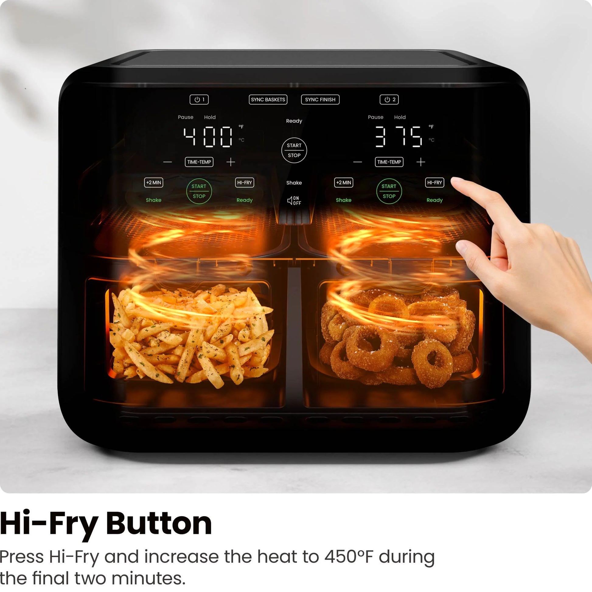 Dual Basket Air Fryer W/ Digital Touchscreen, 2 Independent 3 Qt Baskets, Sync Finish - Black, New