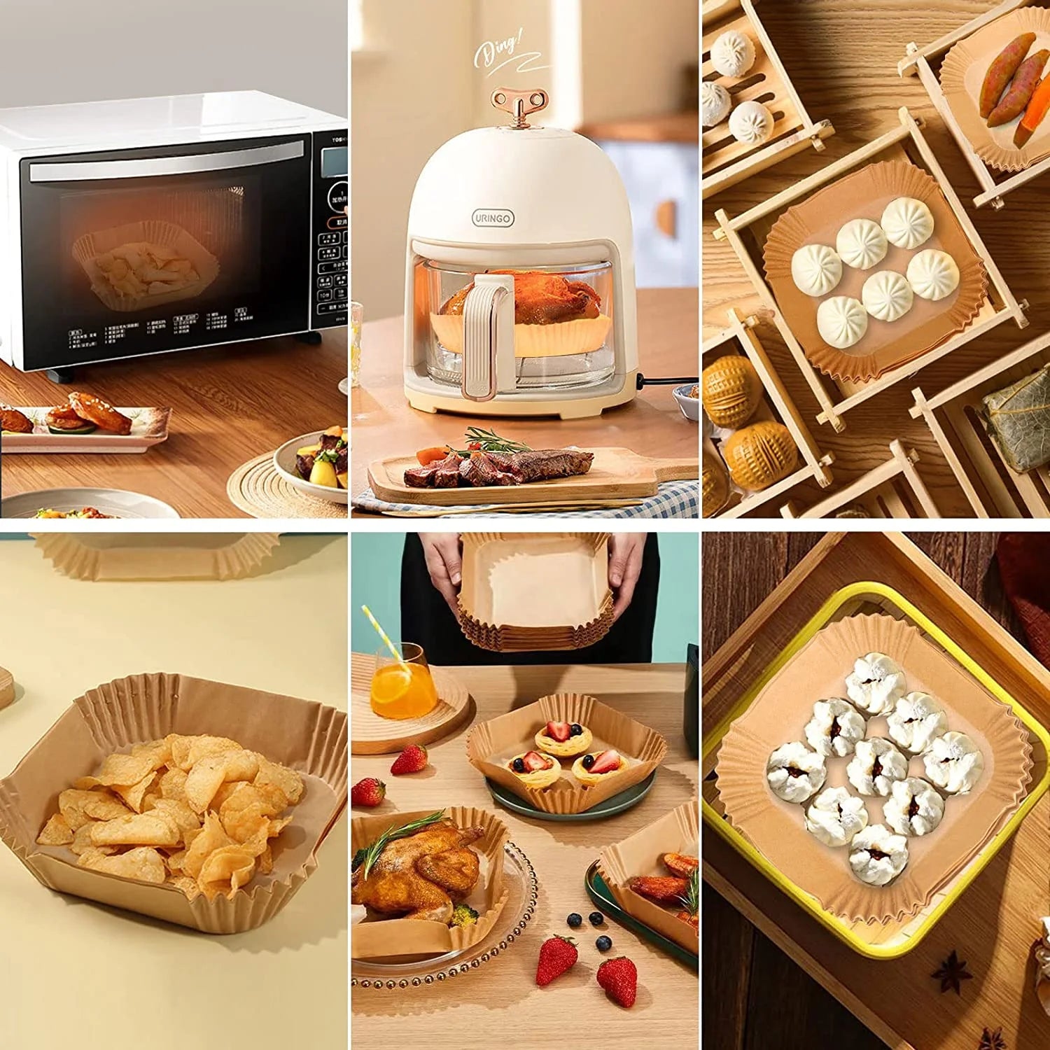 Air Fryer Paper Liners: 125Pcs Parchment Paper, Air Fryer Disposable Paper Liner, Oilproof Waterproof Airfryer Paper Basket Bowl Liner Square (6.5Inch)