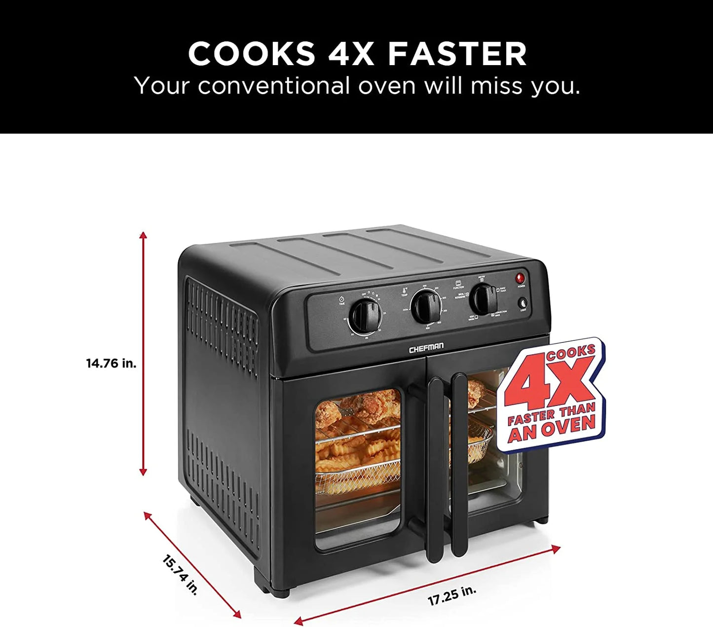 XL Air Fryer Oven W/ French Doors, 26 Qt Capacity, 5 Functions - Black, New