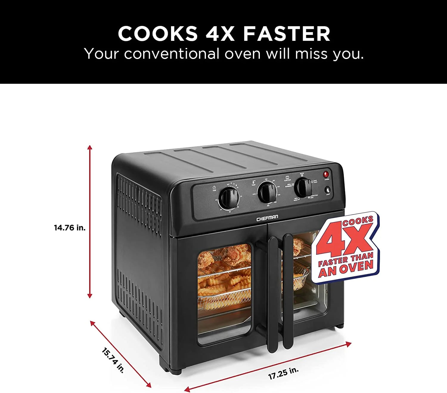 XL Air Fryer Oven W/ French Doors, 26 Qt Capacity, 5 Functions - Black, New